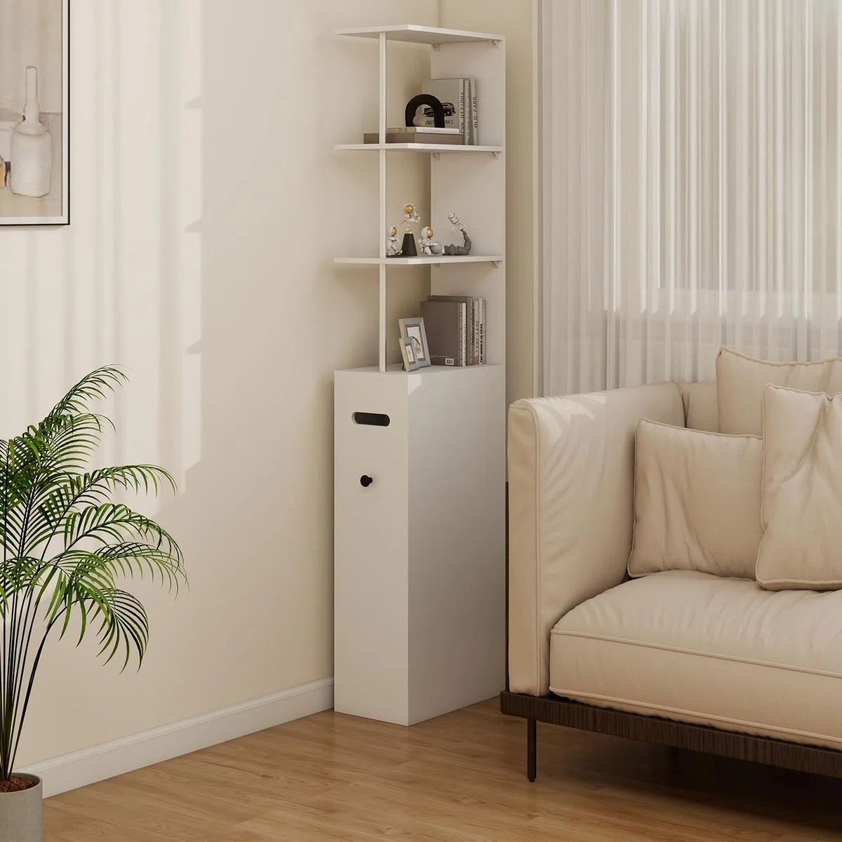 YU YUSING Mueble de Baño Estrecho de 23cm con 2 Cajones 4 Ruedas, Armario Alto Independiente con 3 Niveles Abiertos 167cm, Columna de Baño Blanco, Moderno para Salón Aseo Dormitorio