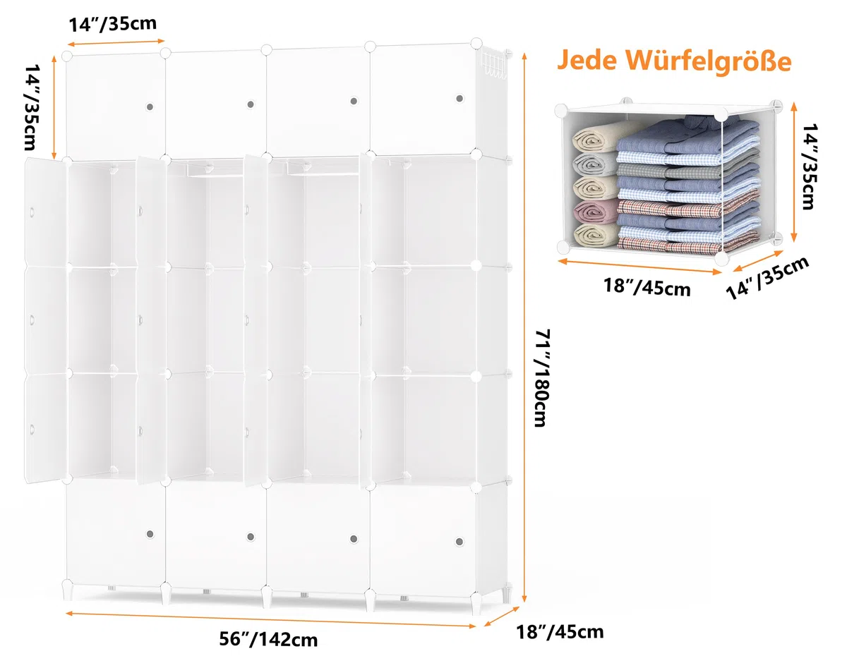 HOMIDEC Armario Modular, Guardarropa portátil de 20 Compartimentos para Dormitorio, Armario con Barra para Colgar Ropa, Compartimentos más Profundos Aptos para Perchas
