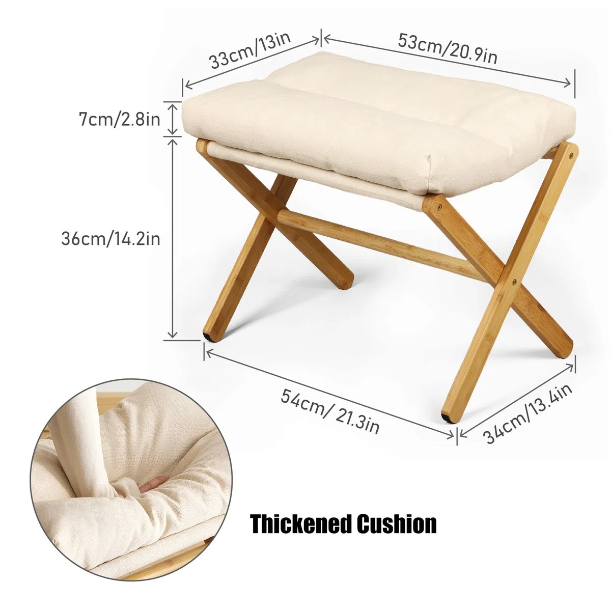 Nisorpa Reposapiés plegable para sofá, reposapiés de bambú, taburete de madera para cambiar zapatos, taburete plegable de madera con cojín de tela de terciopelo extraíble para sala de estar