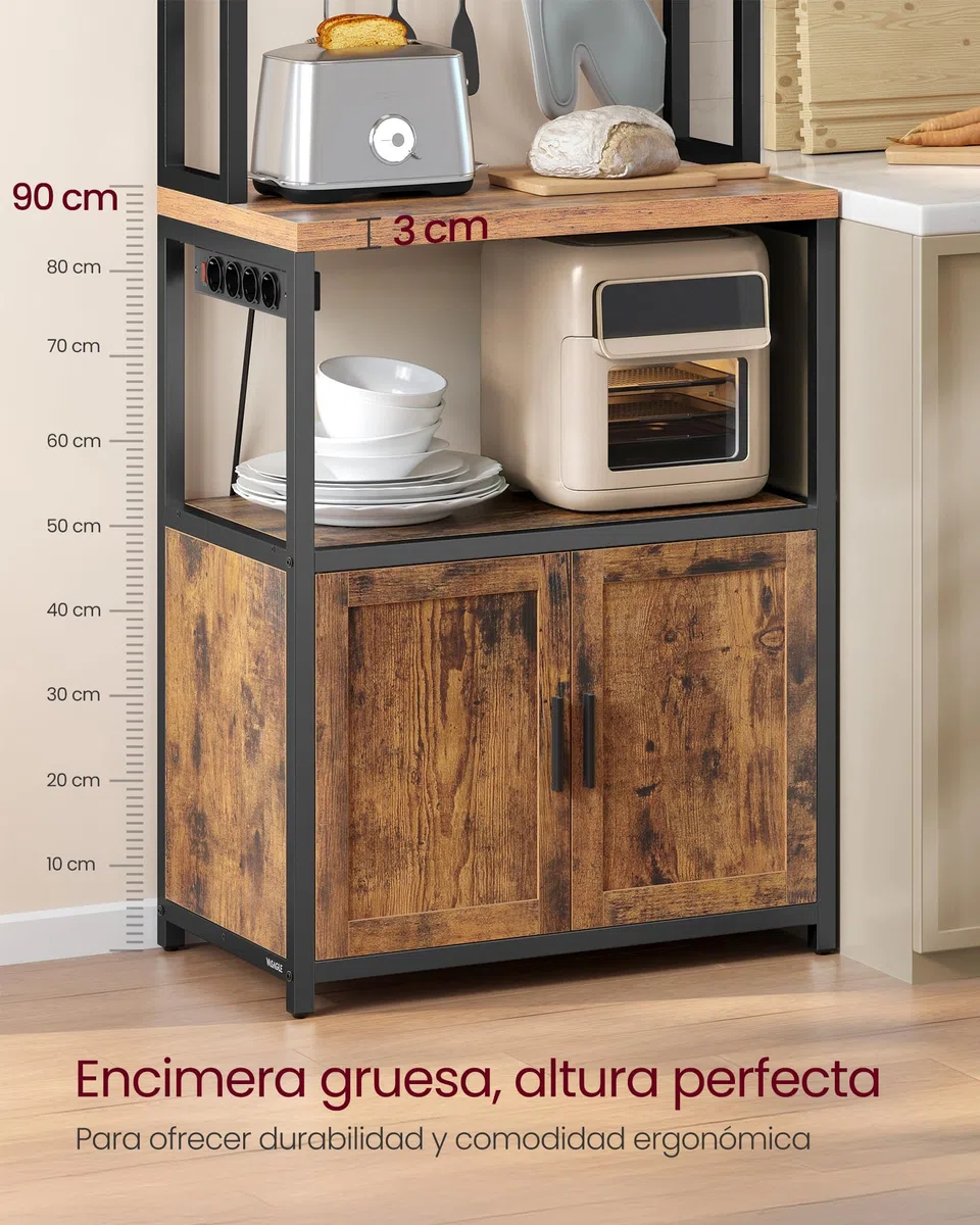 VASAGLE Estantería de Cocina con Enchufes, Altura de 90 cm, Estantería para Microondas con 8 Ganchos, 40 x 60 x 170 cm, Marrón Rústico y Negro Tinta KKS058K02