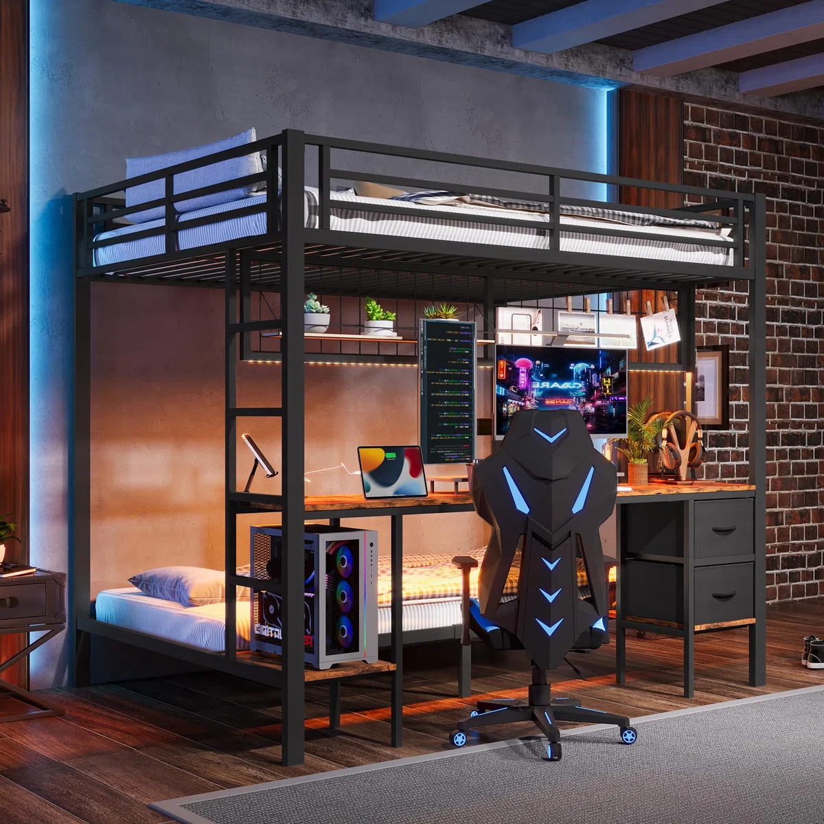 Cama alta con escritorio de 90 x 200 y 140 x 200 cm, litera con iluminación LED, conexiones USB, 2 cajones, estantes y estantes para colgar, estructura de cama de metal, sin colchón (negro)
