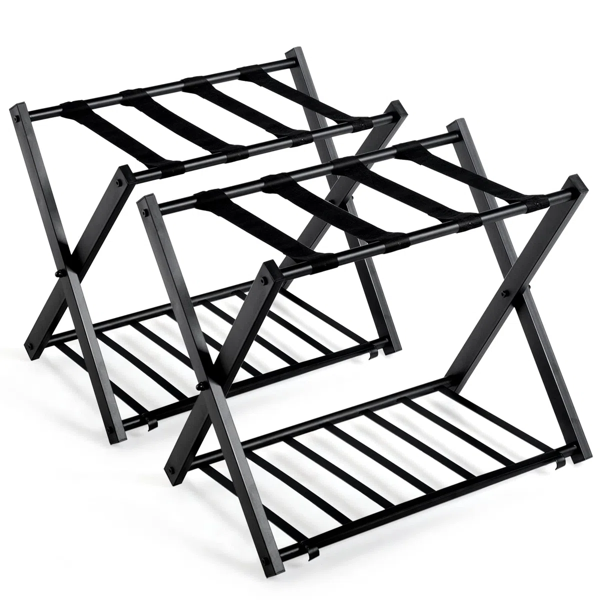 GYMAX Estante Plegable para Maletero, Portaequipajes Doble Capa, con 4 Correas Estables y Diseño de 2 Pisos, Estante de Equipaje Soporta hasta 60 kg, para Habitación de Huéspedes y Hotel (Negro, 2)