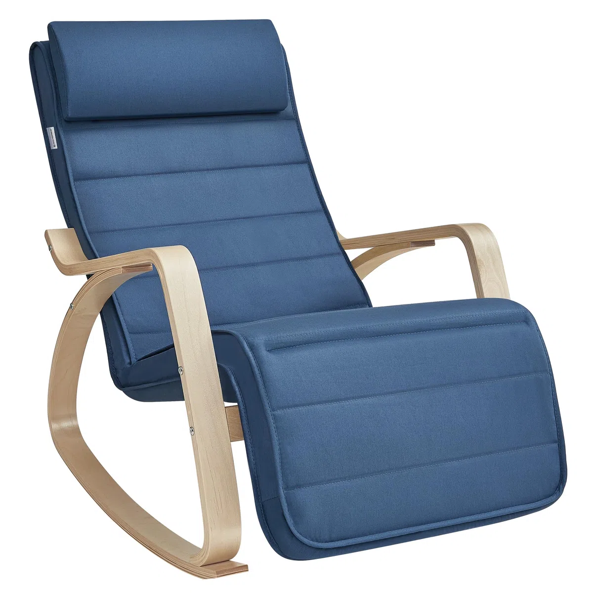 SONGMICS Silla Mecedora, con Apoyabrazos de Madera de Abedul, Silla Mecedora con Reposapiés Ajustable en 5 Posiciones, Máx. Carga de 150 kg, Dormitorio, Salón, Azul Medianoche y Natural LYY010Q01
