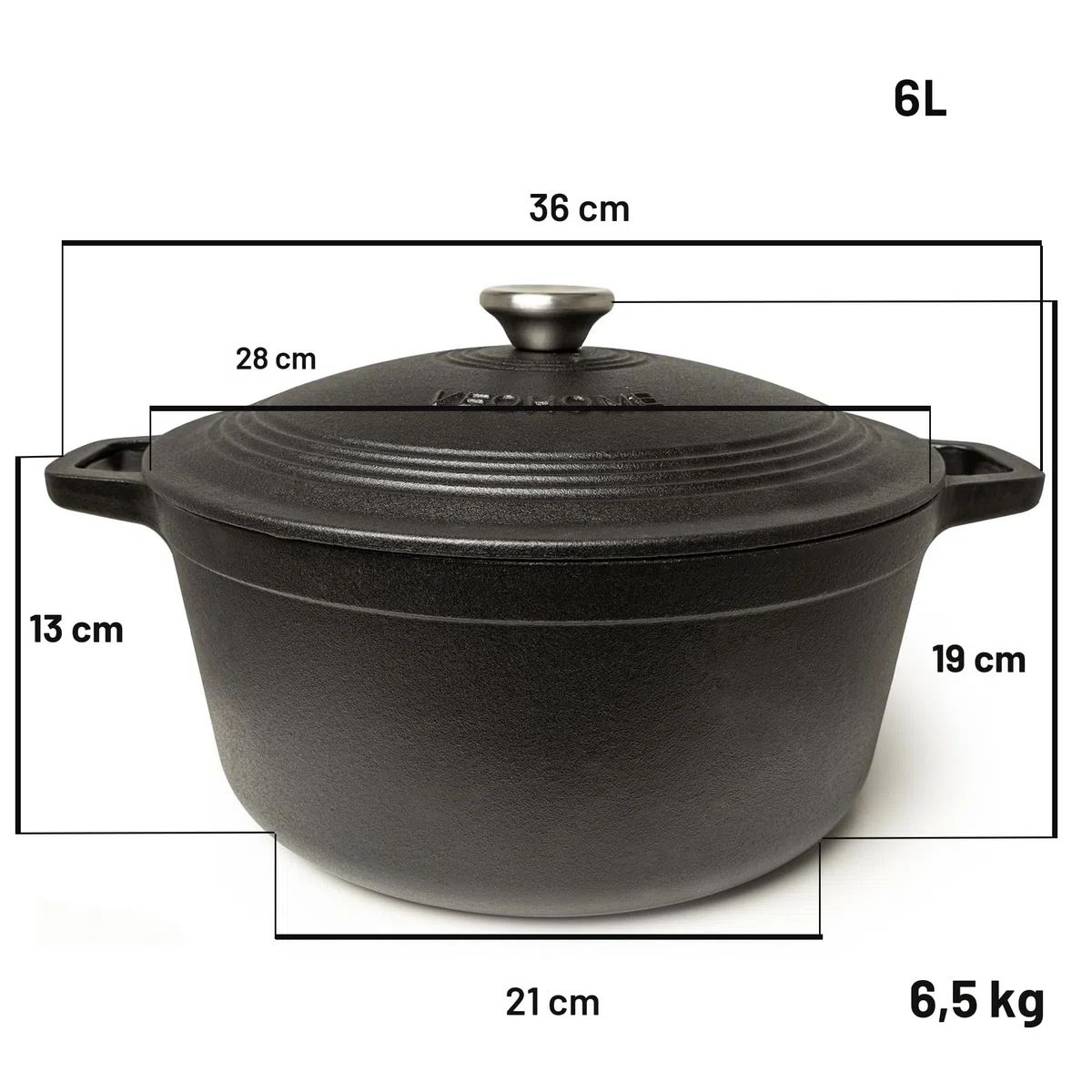 Cazuela de hierro fundido negro mate 6 litros - Olla de hierro fundido compatible con inducción y todas las fuentes de calor. Guiso versátil - caldero diámetro 28cm