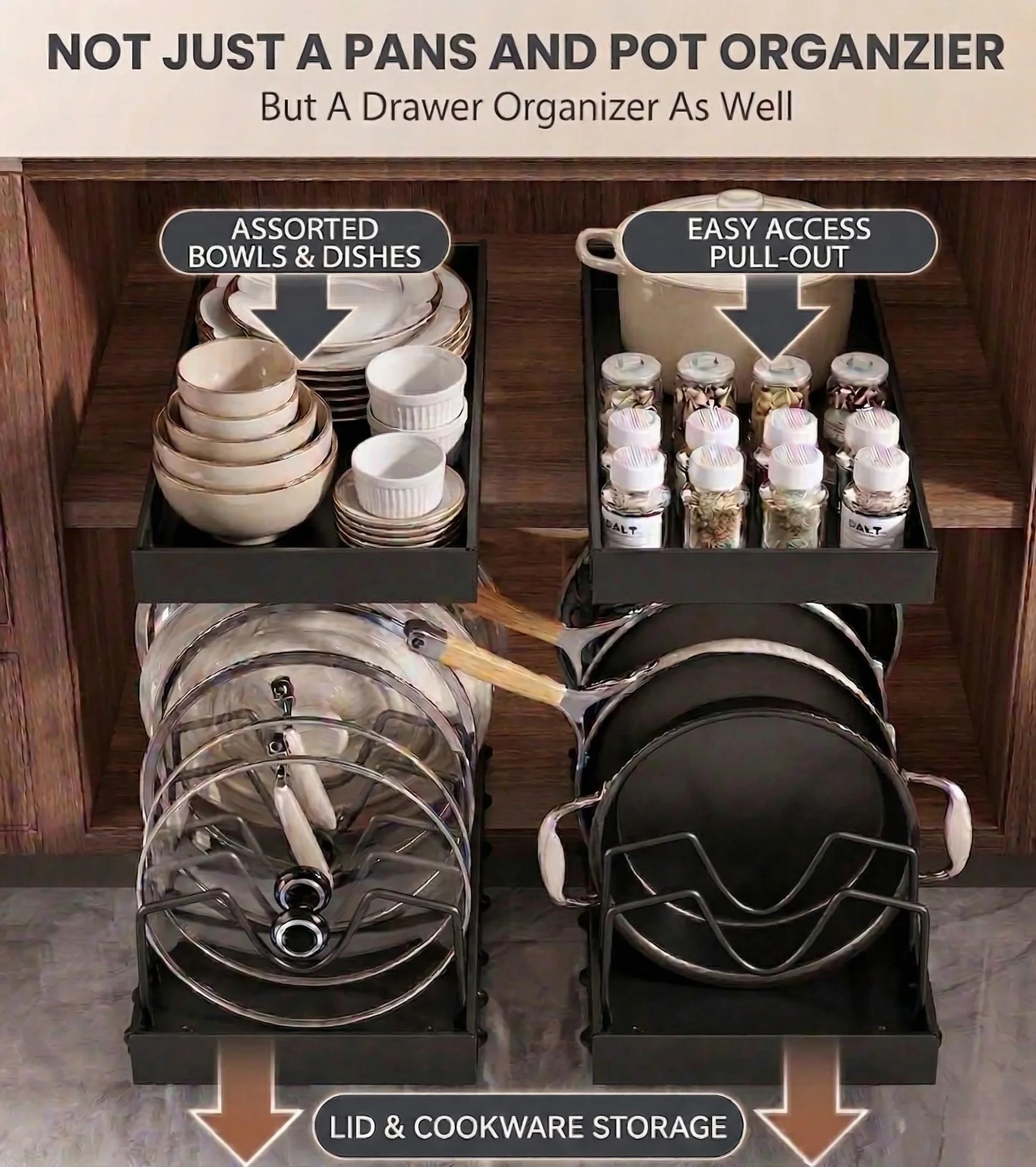 2 Piezas Organizador Cocina Ollas y Sartenes, Deslizante Organizador Tapas Ollas con 8 Compartimentos Ajustable，Organizador Sartenes y Ollas Cajon，Soporte Sartenes，Negro
