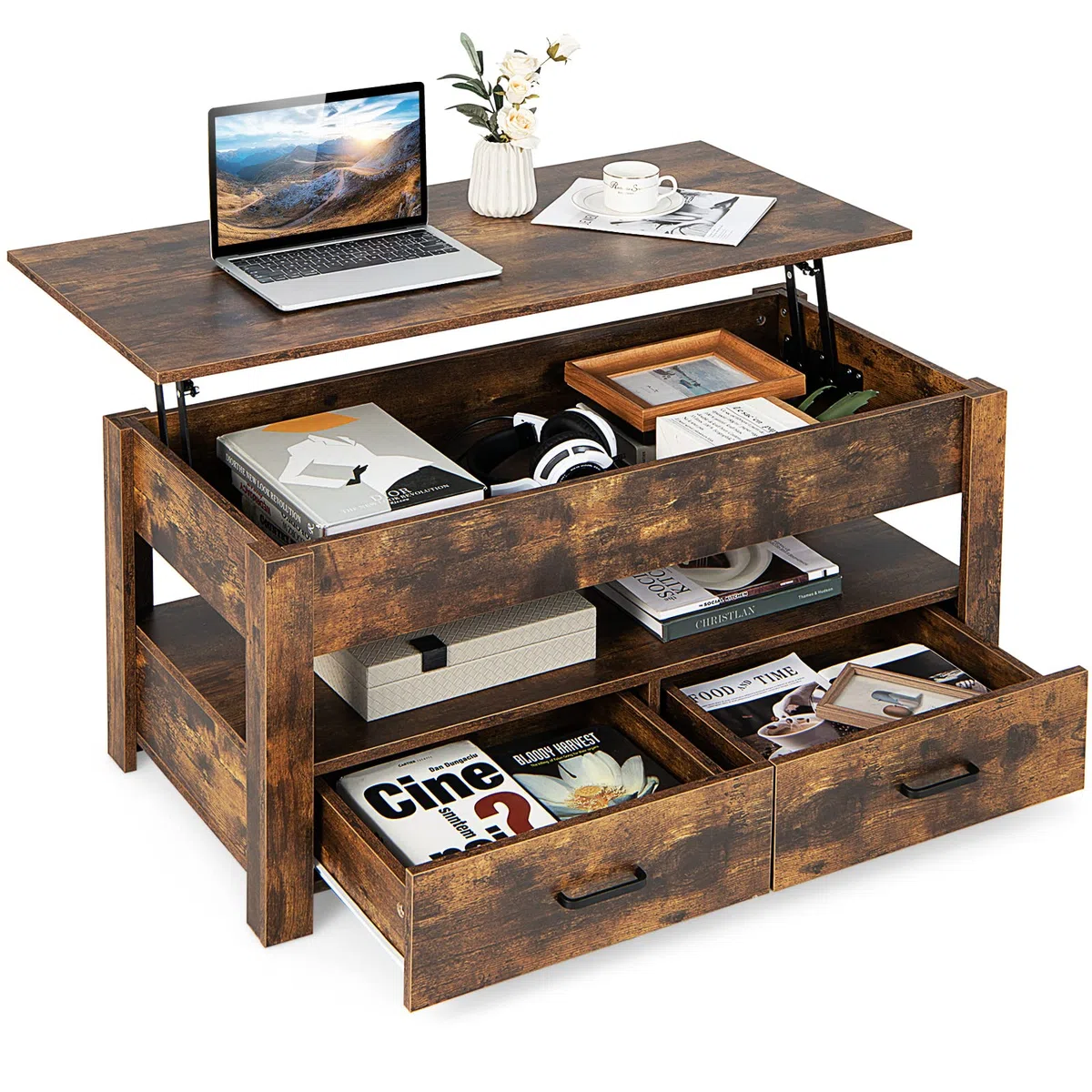 COSTWAY Mesa de Centro con Tablero Elevable, Mesa de Café Industrial con Compartimento, Estante de Almacenamiento y 2 Cajones, Mesita Mueble Salon con Sistema Neumático de Elevación del Tablero