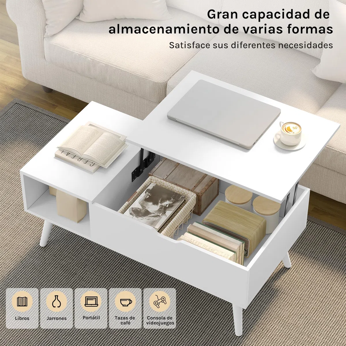 WOLTU Mesa Centro Elevable, Mesita Salon con Espacio Interno y Compartimento Abierto, Mesa de Salón Elevable y Extensible, Mesilla Auxiliar Multifuncional, 100x50x(43-57) cm, Blanco, BTS26ws