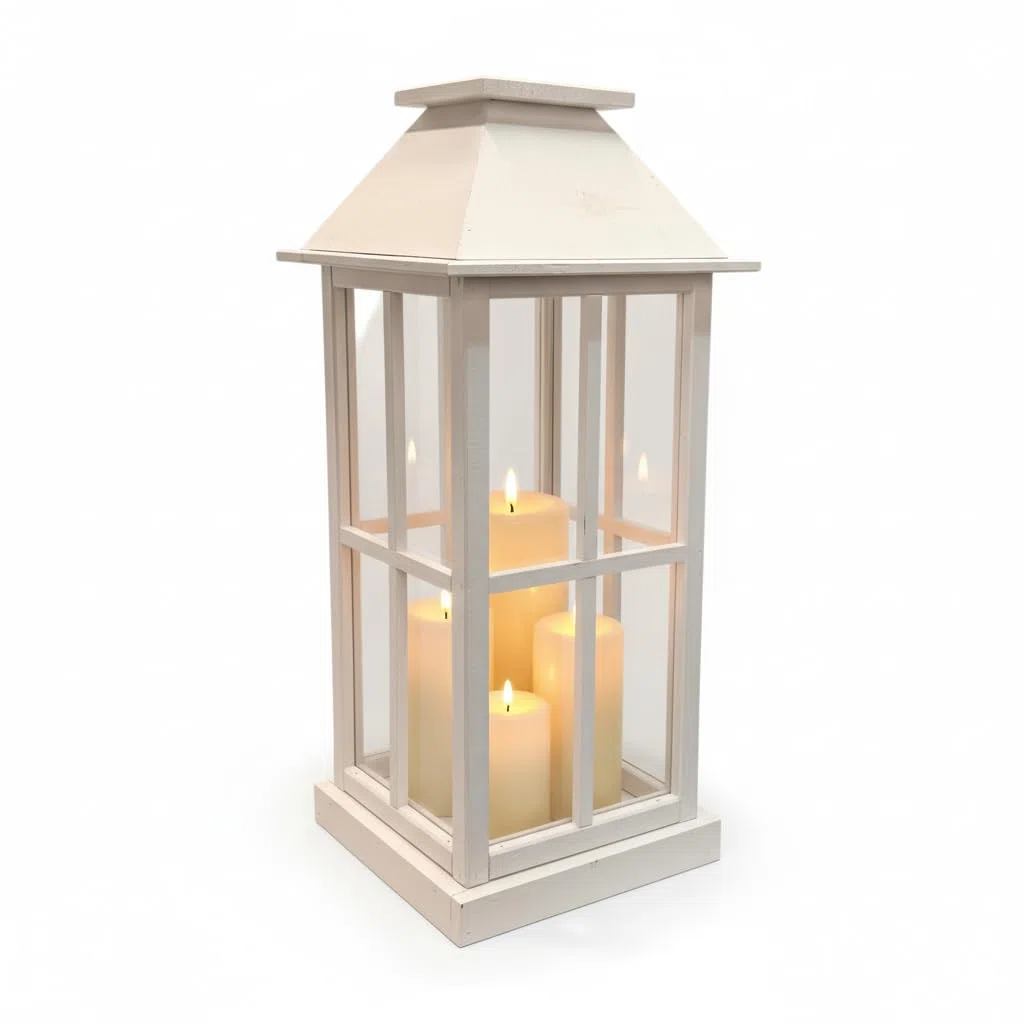 WEECO Farolillo grande de madera blanca de 74 cm – Elegante lámpara decorativa con plexiglás para salón, balcón, terraza y jardín