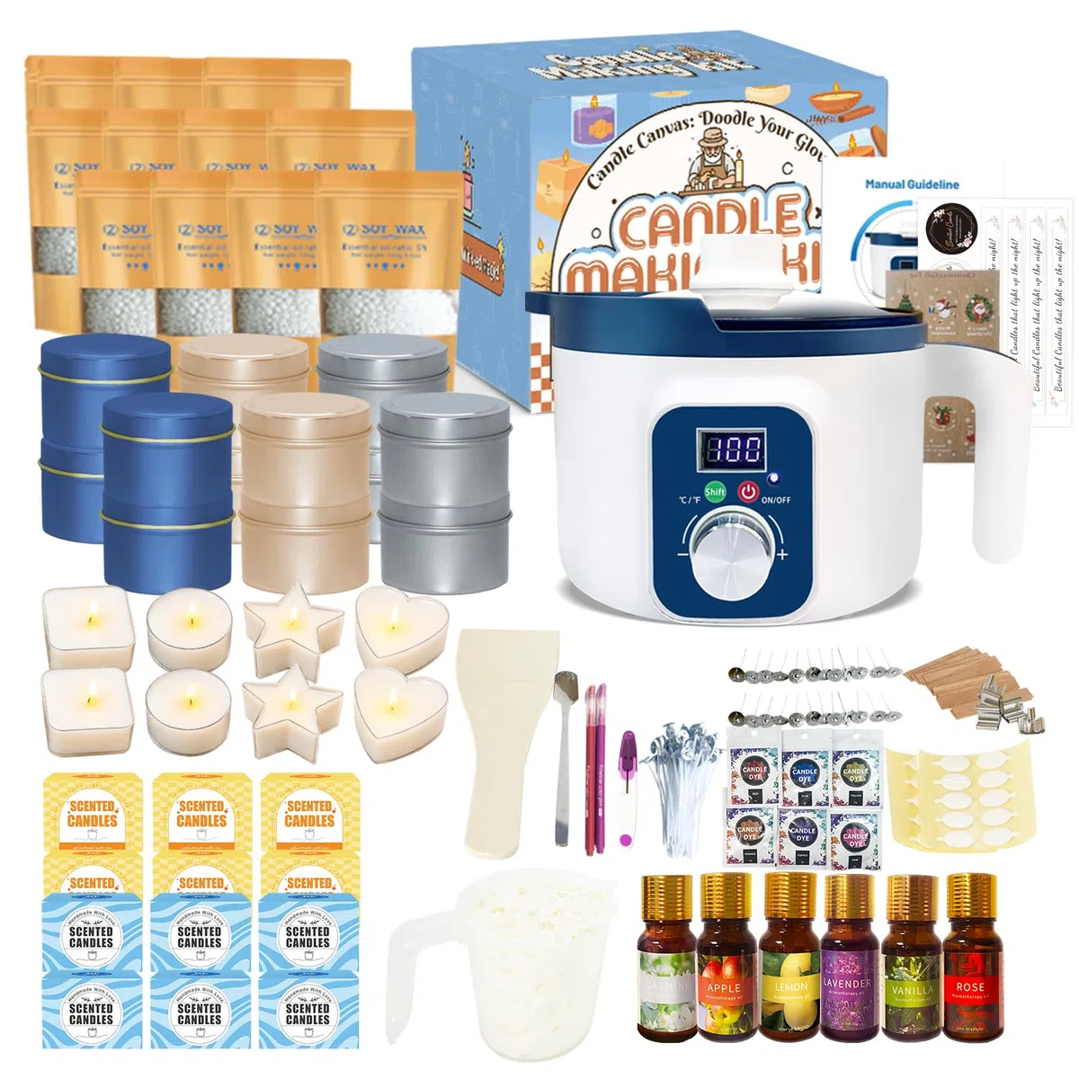 KQU Set para Hacer Velas para Adultos con Caldero de Fusión de Cera Digital, Cera de Soja, 12 Vasos, 8 Moldes para Velas, 6 Fragancias y Cajas de Regalo