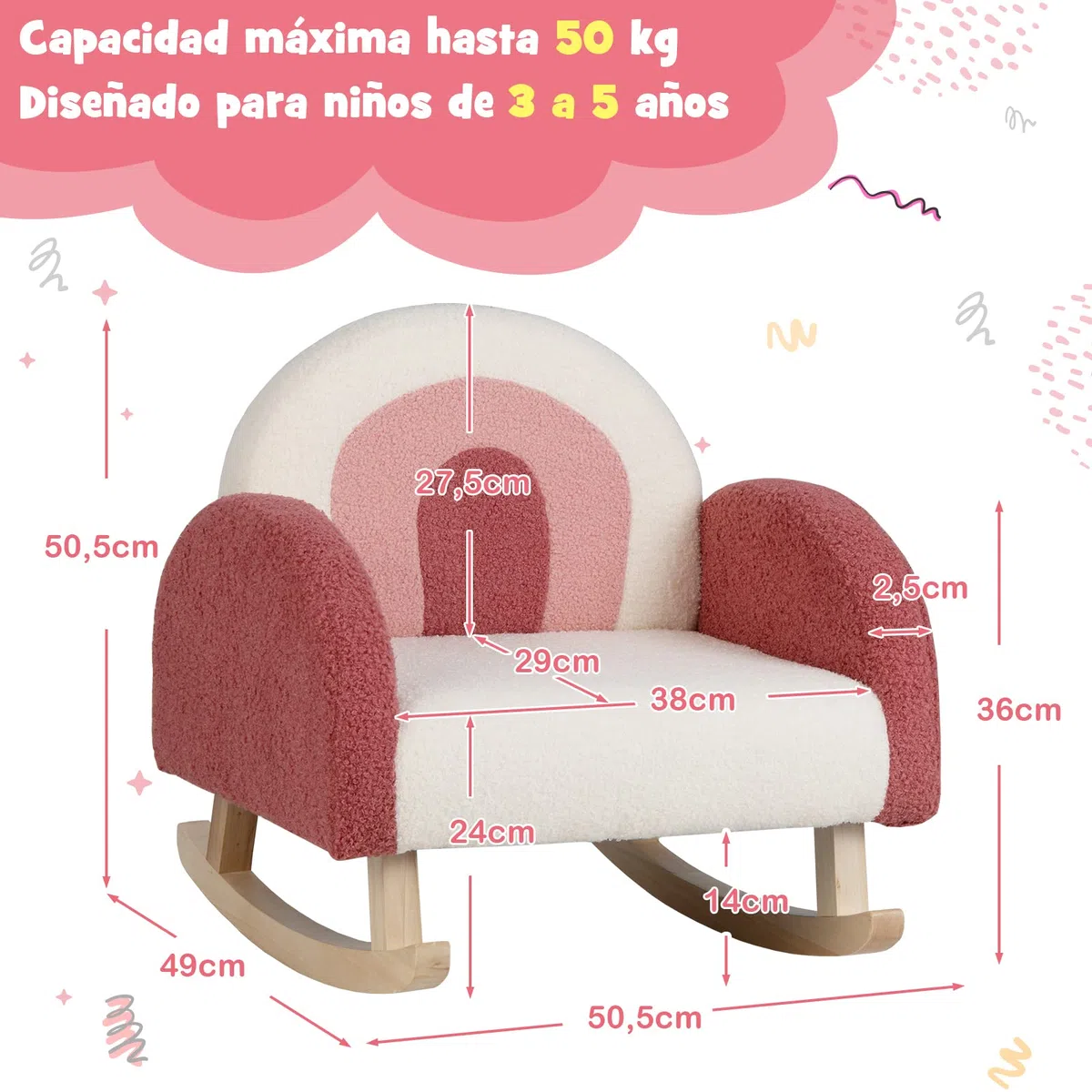 COSTWAY Silla Mecedora Infantil, Sillón Moderno con Patas de Madera de Álamo para Niños de 3 a 5 Años, Antivuelco, Bonito Sofá Individual Tapizado para Guardería, Sala de Juegos (Rojo)