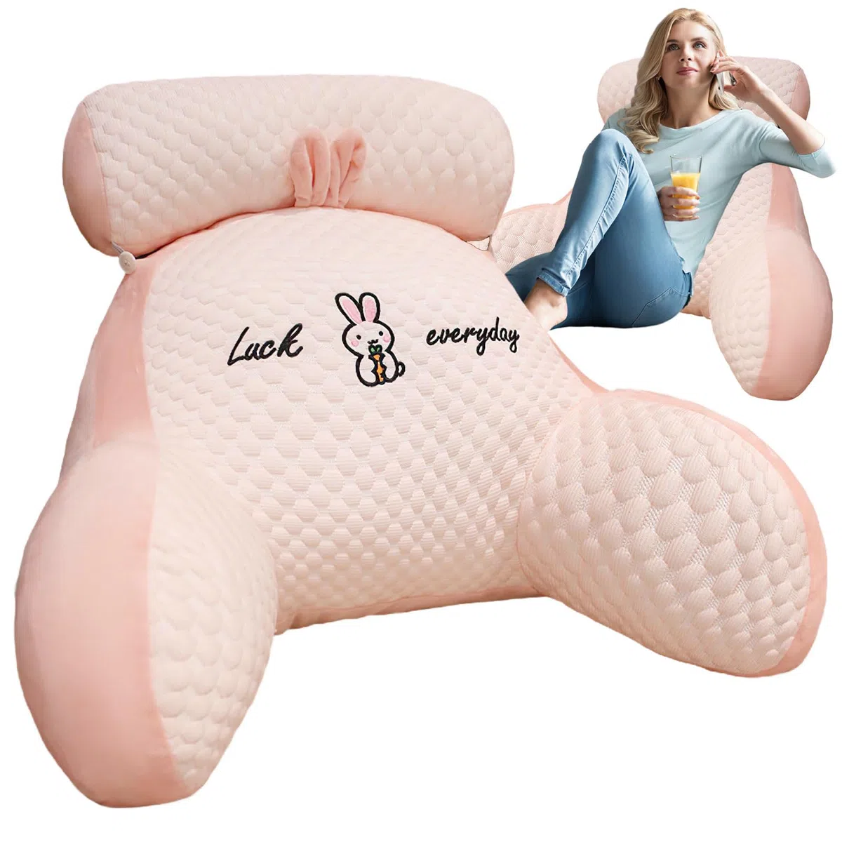 Almohada Lectura Cama, 70x50cm Grande Cojín Lectura Cama con Respaldo Apoyo Lumbar y Cuello Desmontable y Brazos, Cojin Respaldo para Trabajar, Leer o Jugar en la Cama Sofá Suelo (Rosa, X-Large)