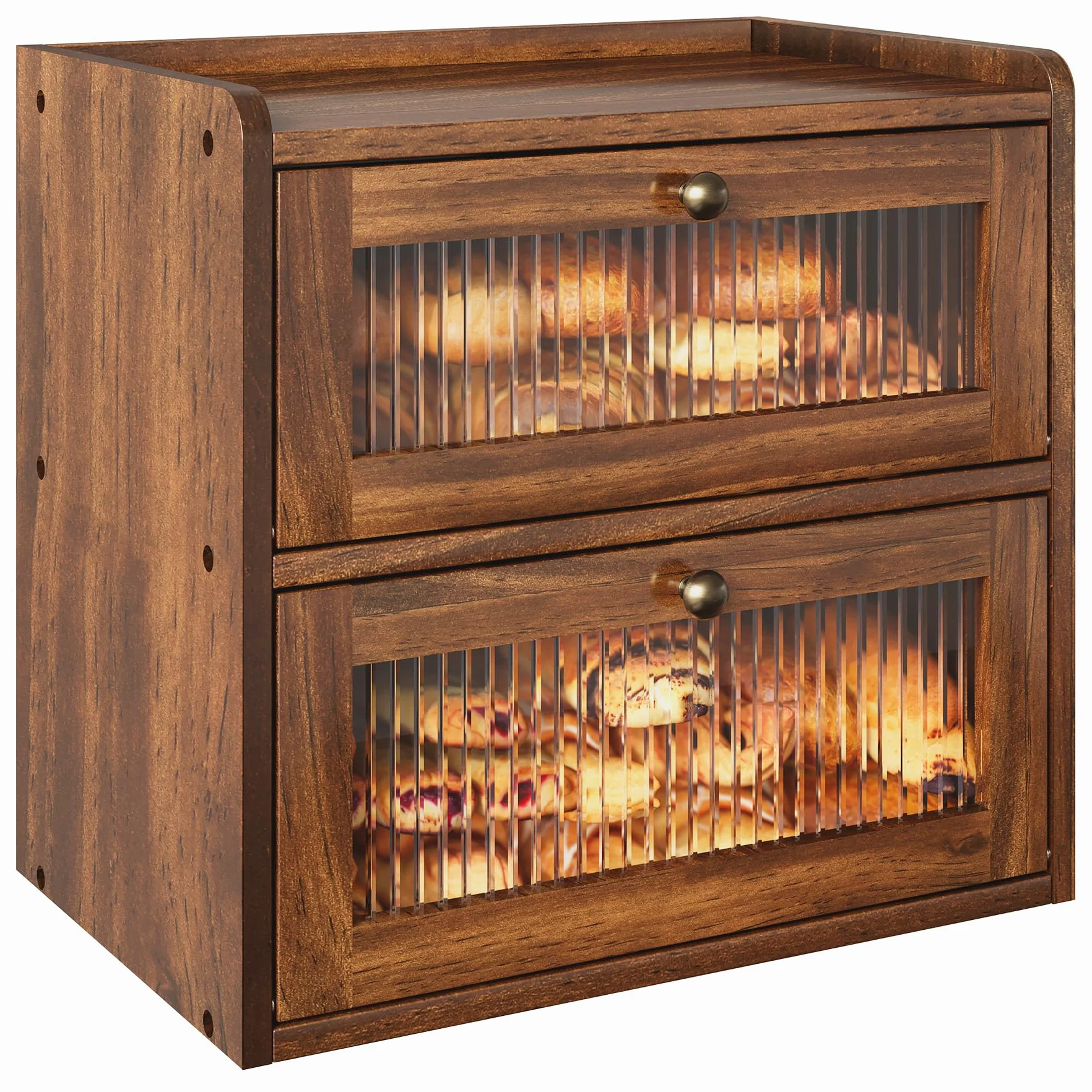 Alpeir Panera grande de doble capa para encimera de cocina, contenedor de almacenamiento de pan de esquina de madera con ventana acrílica, marrón retro