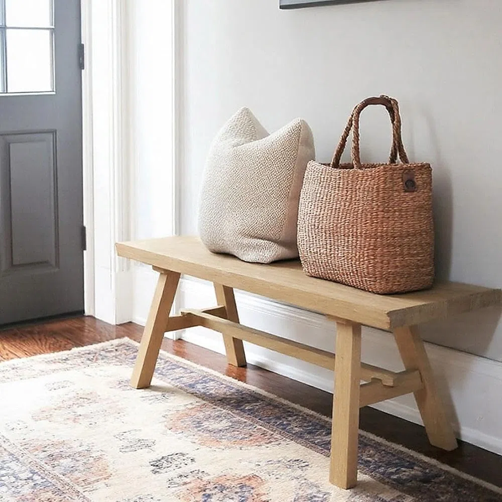 Banco Madera Maciza de Estilo WABI Sabi-Banqueta de Madera Envejecida con Diseño Rústico-Asiento de Madera Natural para Recibidor, Salón, Dormitorio, Comedor y Pasillo 100x32x41cm XZ-24895