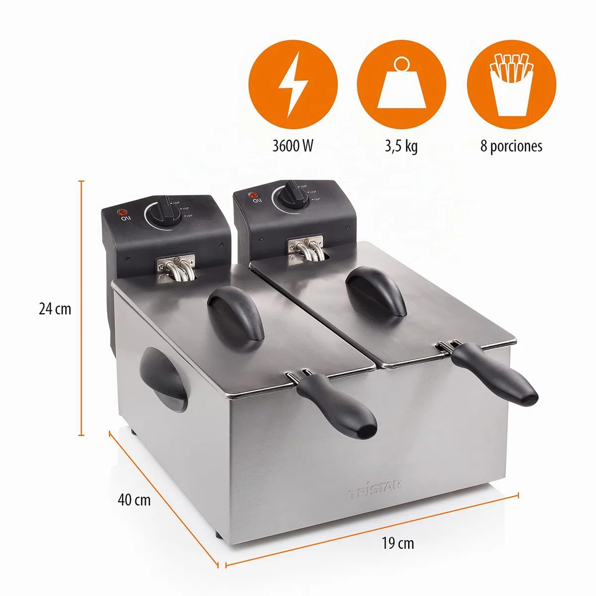 Tristar Freidora doble de acero inoxidable - 6 litros, 2 x 1800 vatios, con función de zona fría y nivel de calentamiento ajustable, FR-6937