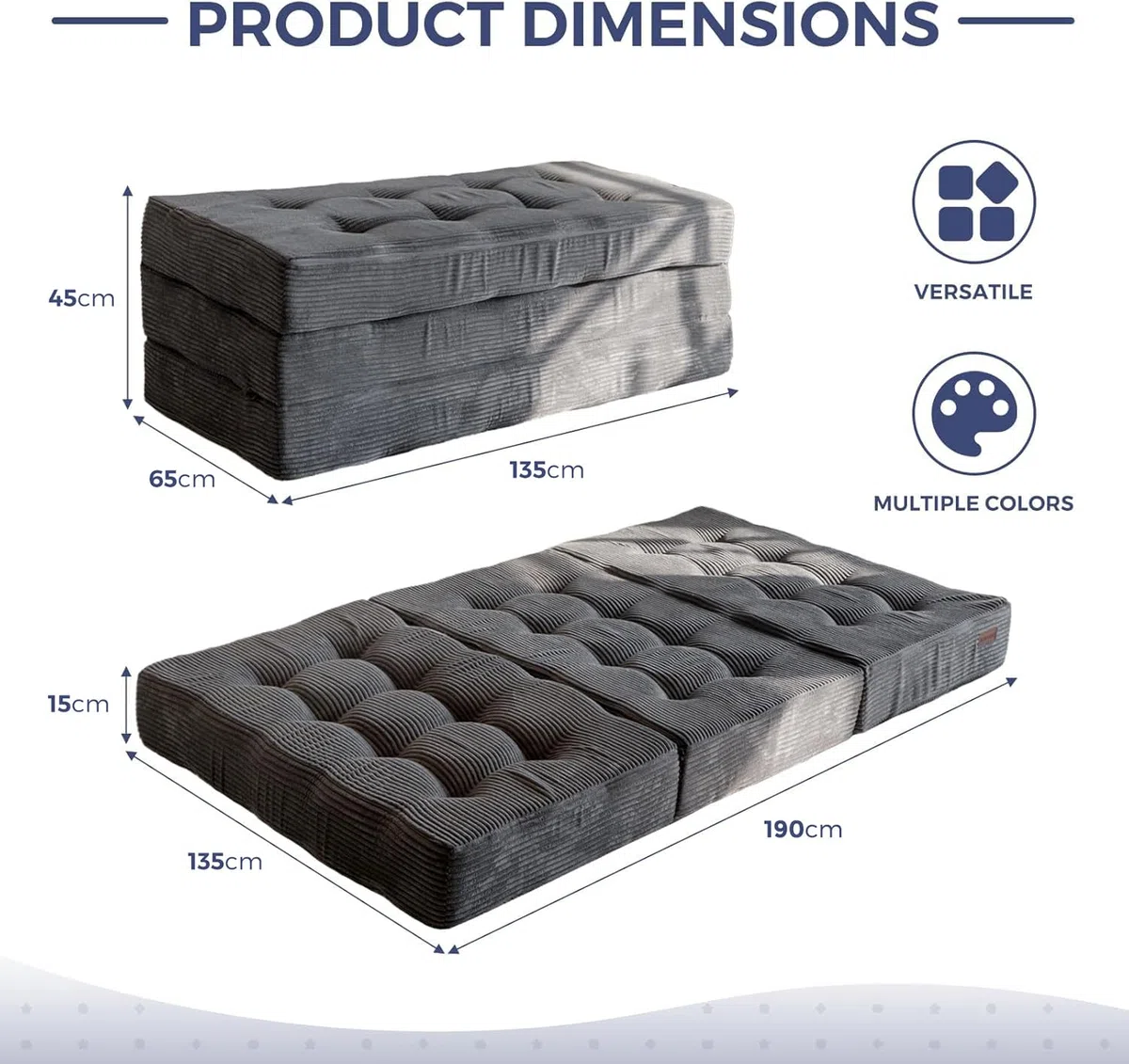 MAXYOYO Colchón Plegable de 2 Plazas, 15 cm de Grosor para Futón Convertible, Sofá Cama Portátil, Colchón para Invitados, Cama Adicional, 135x195