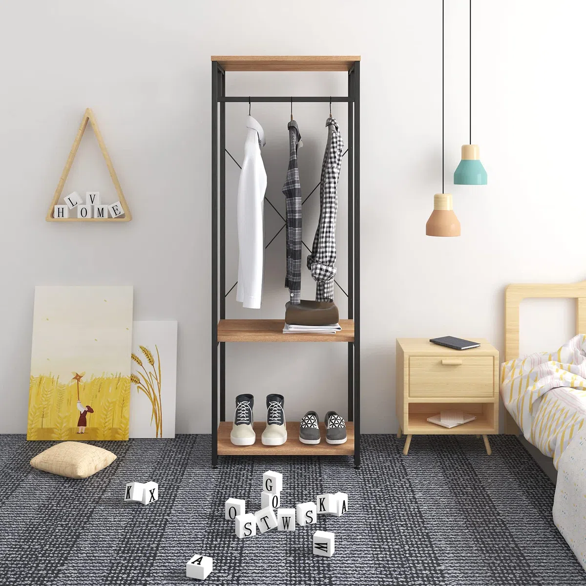 WOLTU Perchero de Pie con Estante Zapatero, Perchero Burro para Colgador Ropa, Metal y Madera, 60 x 40 x 167 cm