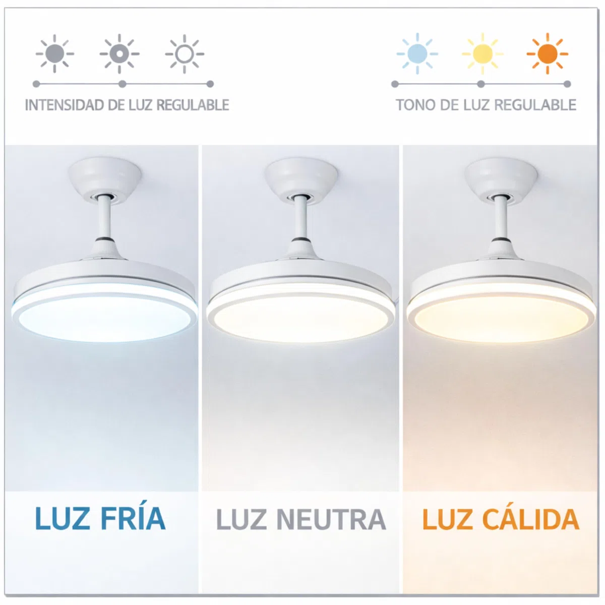 Ventilador de Techo Led 66W, Regulable en Intensidad y en Tono de Luz de Fria a Cálida, 4 Aspas Retráctiles, Mando a Distancia y APP para Móvil, Motor DC Ultra Silencioso, 6 Velocidades (Olg Blanco)