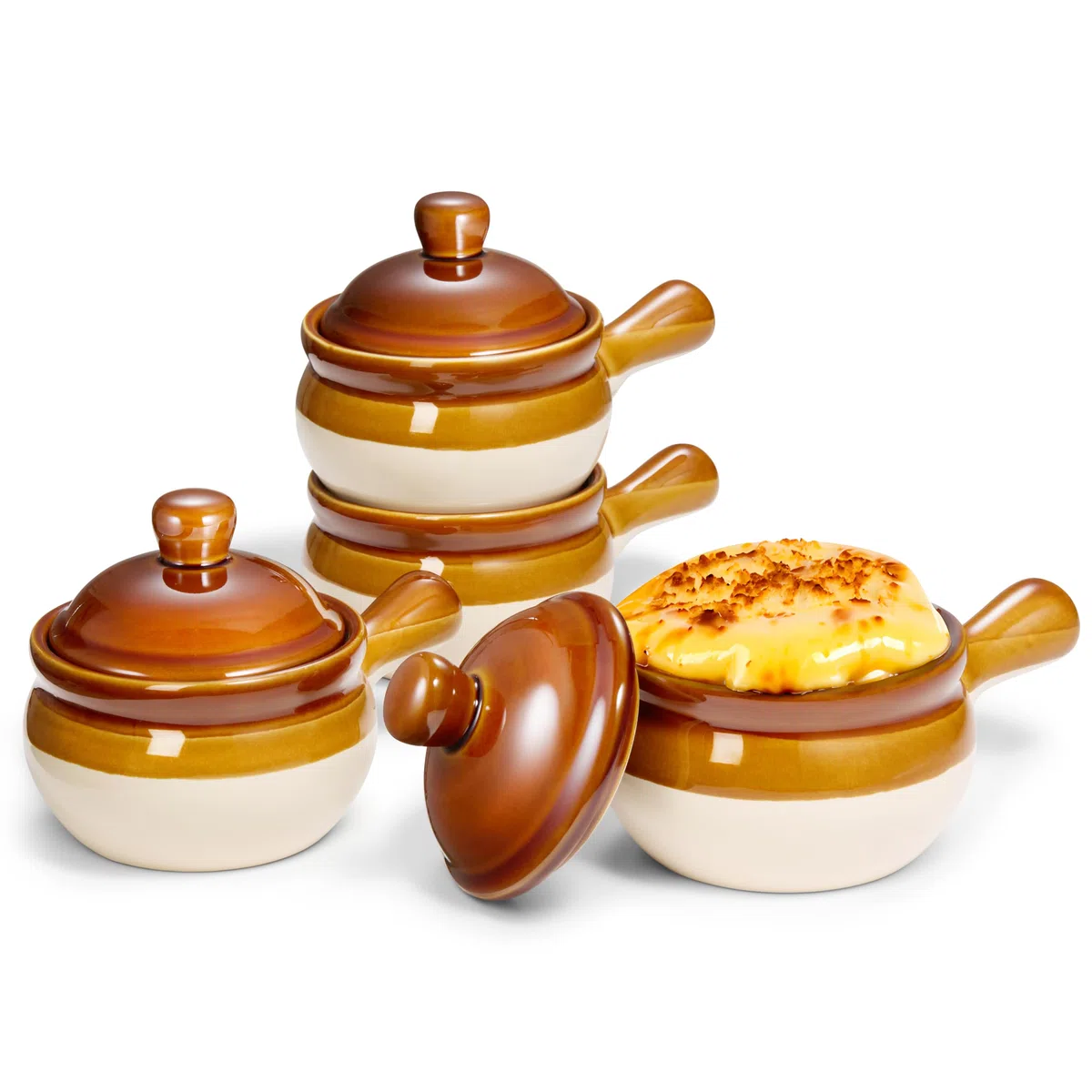 KooK Vajillas para sopa de cebolla francesa con tapas, cuencos de cerámica, asas grandes, aptos para lavavajillas, microondas, horno y asador, marrón/blanco, juego de 4, 15 onzas, colección Puebla