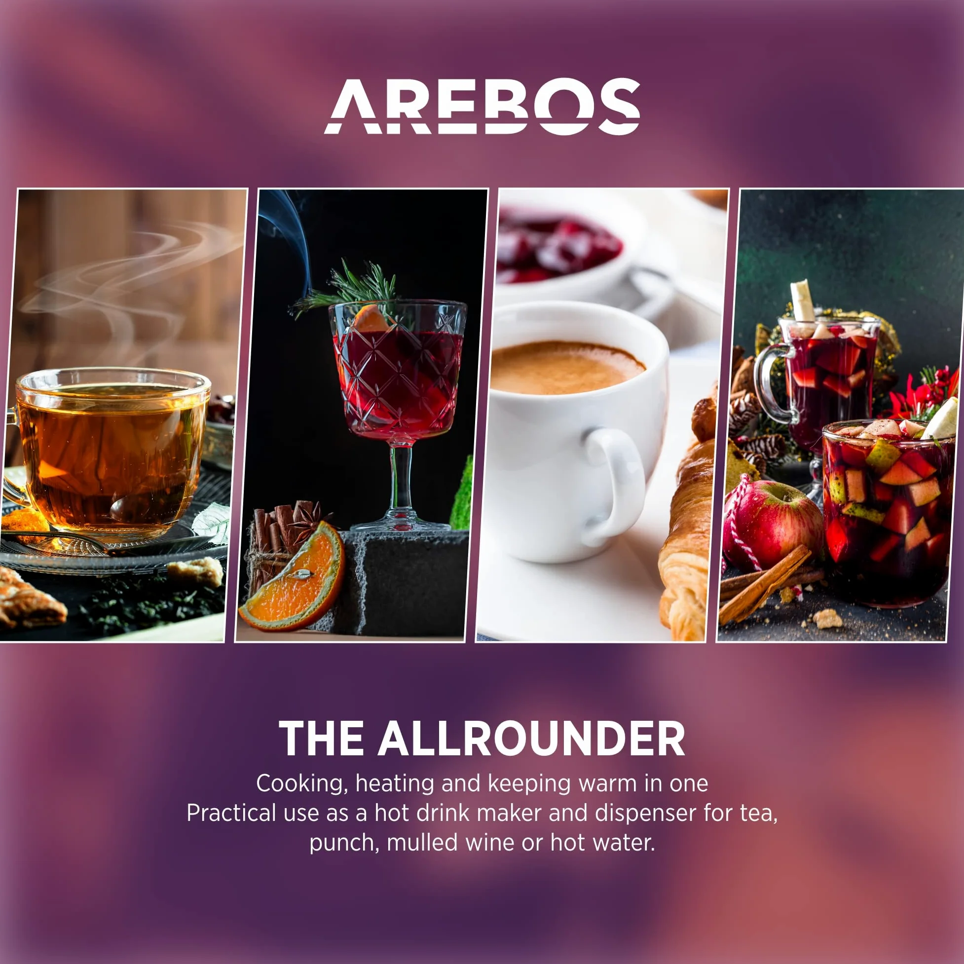 Arebos Cocina eléctrica para vino caliente 1650 W | 20 L | Hervidor para Vino Caliente | Dispensador con grifo de salida | termostato y protección contra sobrecalentamiento | Acero inoxidable