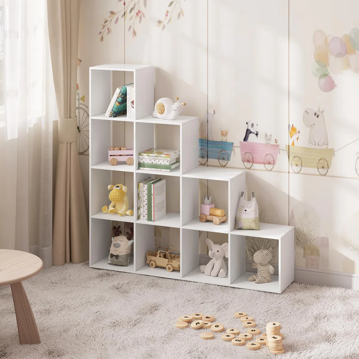 WOLTU Estanteria Libreria con 10 Compartimentos, Estanteria de Almacenamiento de Madera, para Salon, Estudio y Oficina, Blanco+Roble Claro, 136x29x136 cm RGB44ws (29x136x136cm)