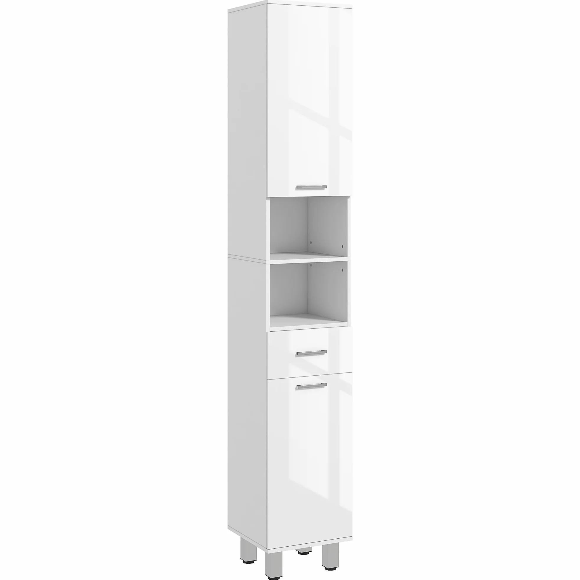 kleankin Armario de Baño Alto, Columna Auxiliar de Baño, con 1 Cajón, 3 Estantes Ajustable, 2 Armarios, para Salón, Dormitorio, 30x30x180 cm, Blanco Brillante
