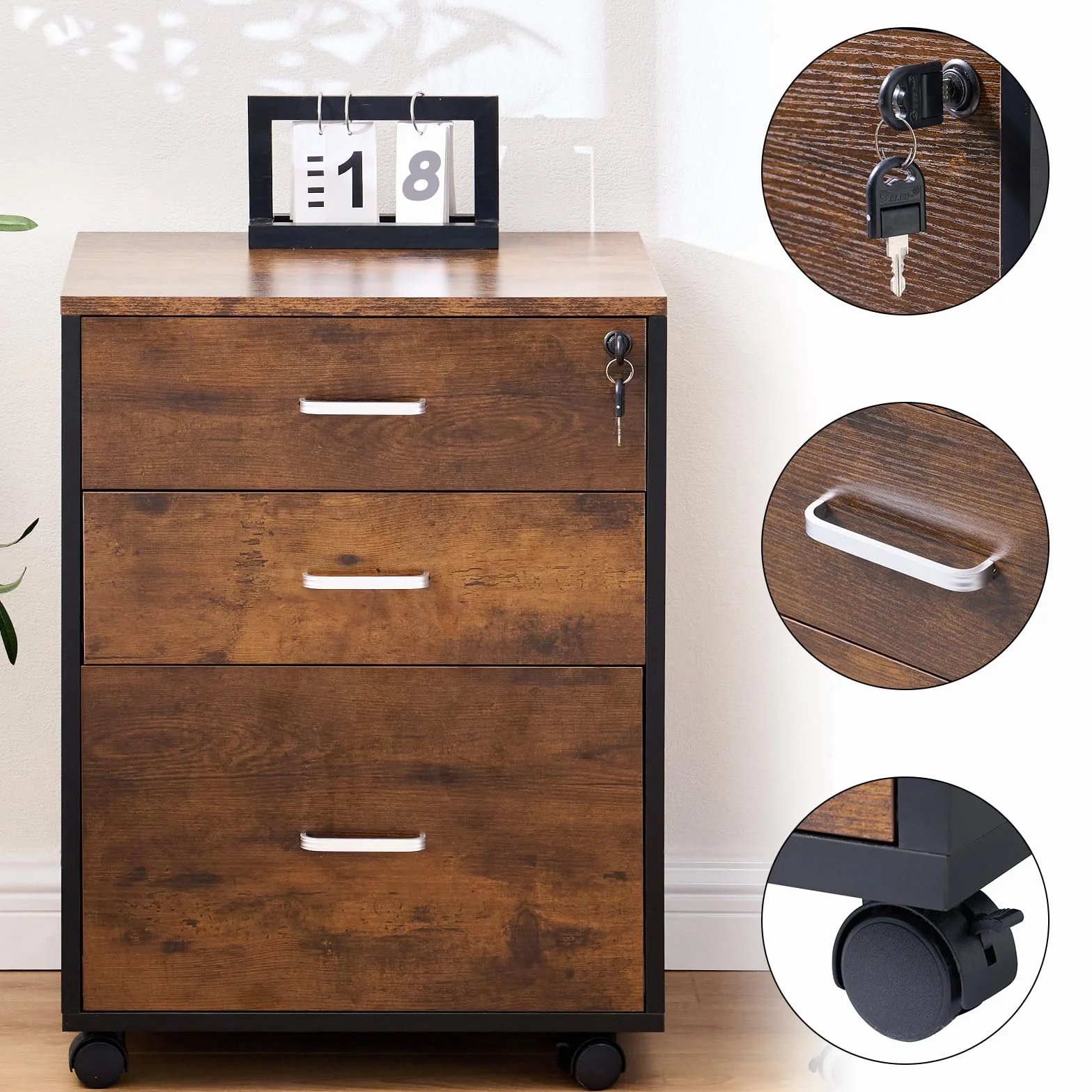 SogesPower Mueble Archivador de 3 cajones, Armario Móvil, con ruedas universales fijas, cerradura de cajón, 48 x 42 x 65 cm, Vintage Marrón