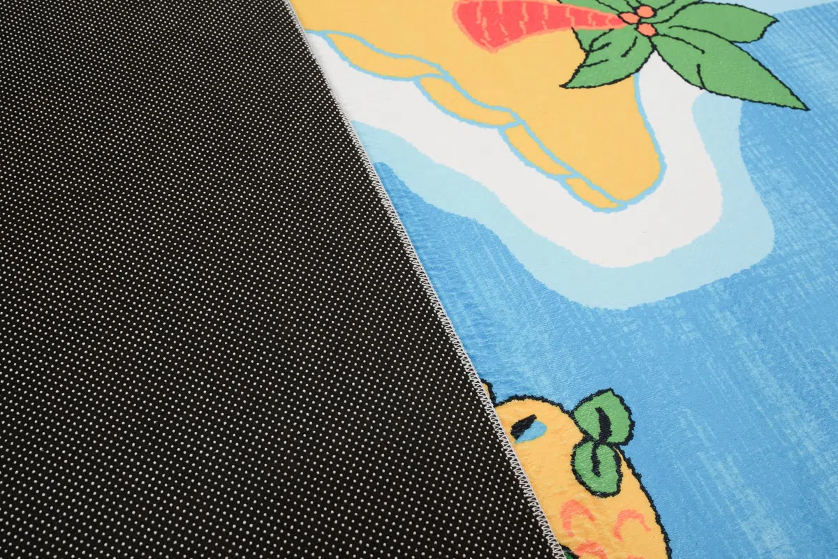 TAPISO Flannel Alfombra Antideslizante Lavable Diseño Moderno Barco Pirata Isla del Tesoro Azul Amarillo Alfombra Infantil para Niños Alfombra de Juegos Oeko-Tex 140 x 200 cm