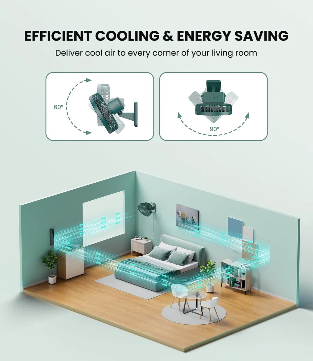 LEMOISTAR Ventilador de pared de 25 cm con mando a distancia, oscilación de 90°, 4 velocidades, 4 temporizadores, inclinación ajustable, cable de 178 cm, silencioso, para dormitorio, garaje