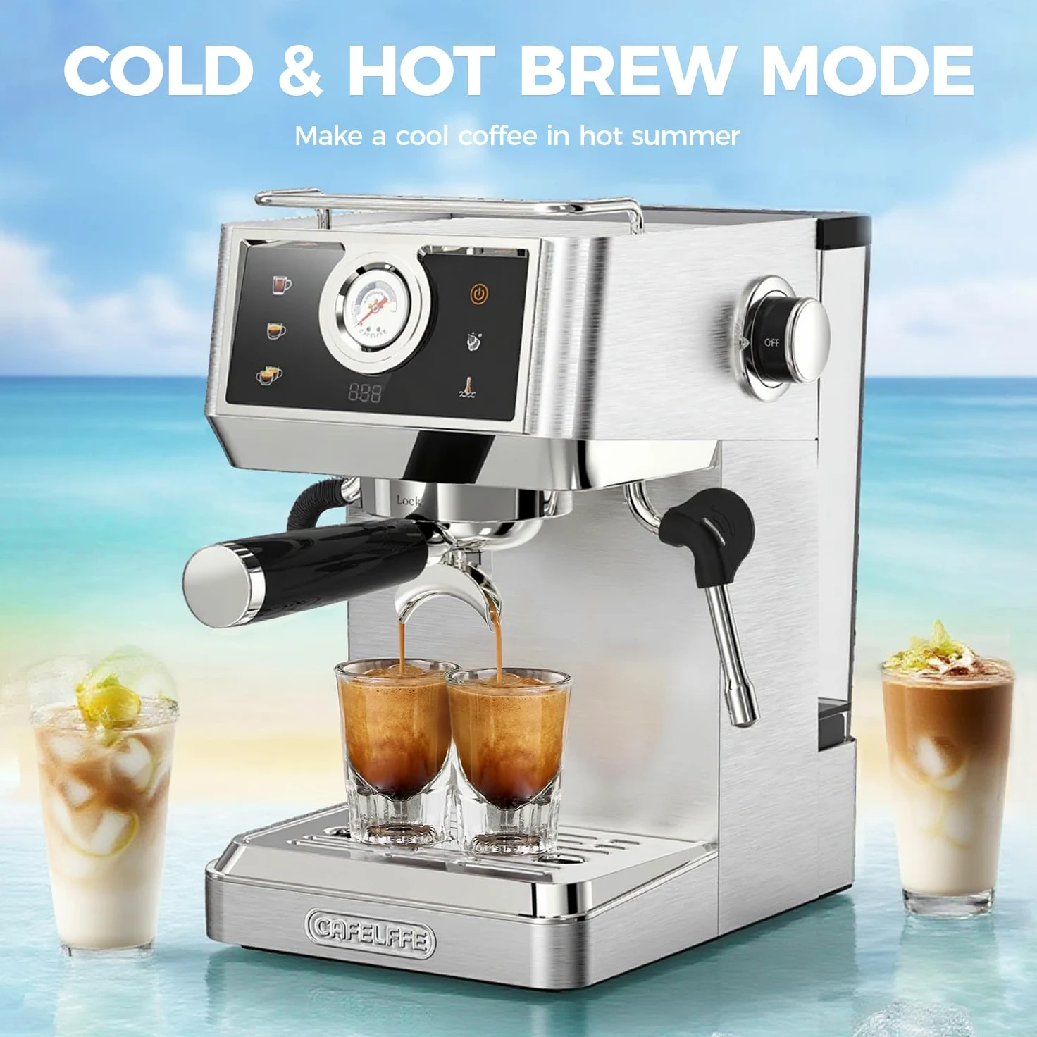 CAFELFFE MK-902 Cafetera espresso de 58 mm, cafetera barista con espumador de leche, ajustes de temperatura y volumen, bomba de 20 bar y cold brew para americano, capuchino y café con leche.