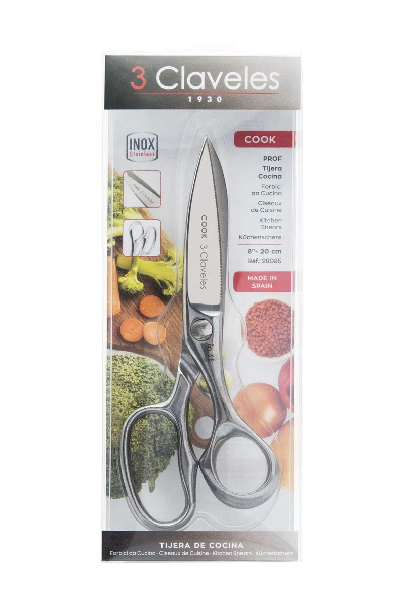 3 Claveles Prof Profesional Acero Inoxidable Tijeras de Cocinero línea Cook para Carne Pescado, Brillo, Pollo Caza Pizza Filo microdentado Accesorios de Cocina de 8" - 20 cm