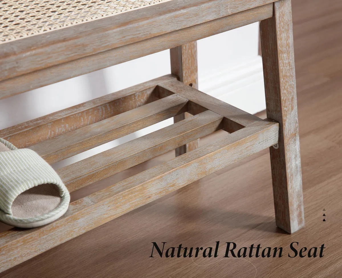 Wahson Banco de Entrada Recibidor Banco de Madera Interior Rústico,Banco Otomano de Vestidor Banco Zapatería de Puerta Banco de Rattán para Salón/Dormitorio,Beige