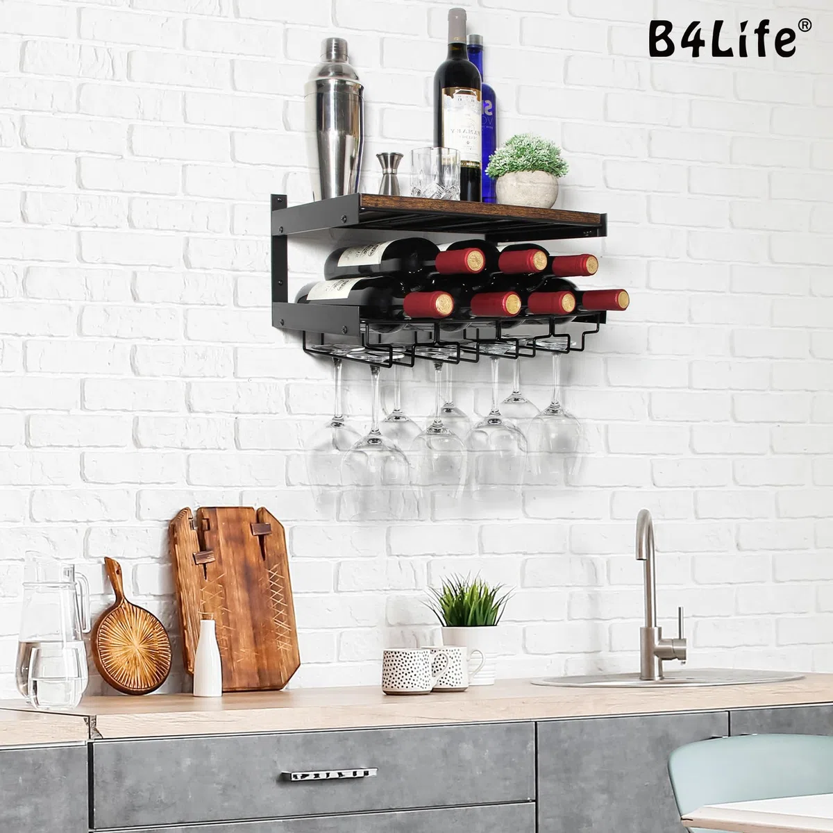 B4Life Estante para Vino montado en la Pared con Estante para Copas, Estante para Copas de Vino montado en la Pared, Estante Industrial para Copas de Vino con Soporte para Copas de Vino