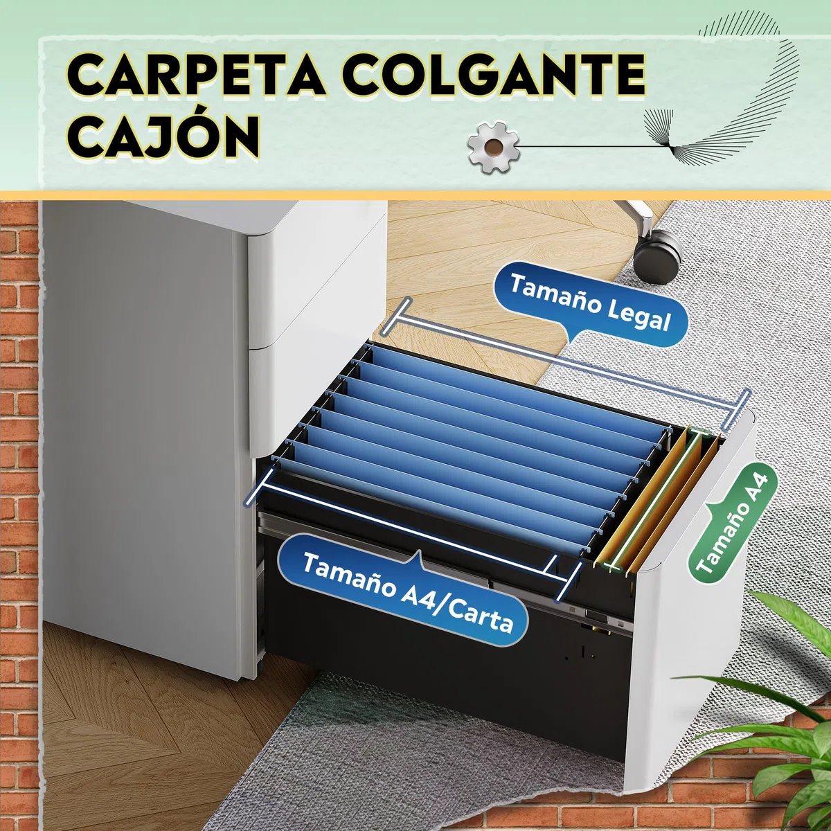DEVAISE Carrito de Oficina con 3 Cajones Bloqueables, Mueble Bajo Escritorio Multifunción, Repositorio para Impresora y Archivador con Ruedas, Blanco