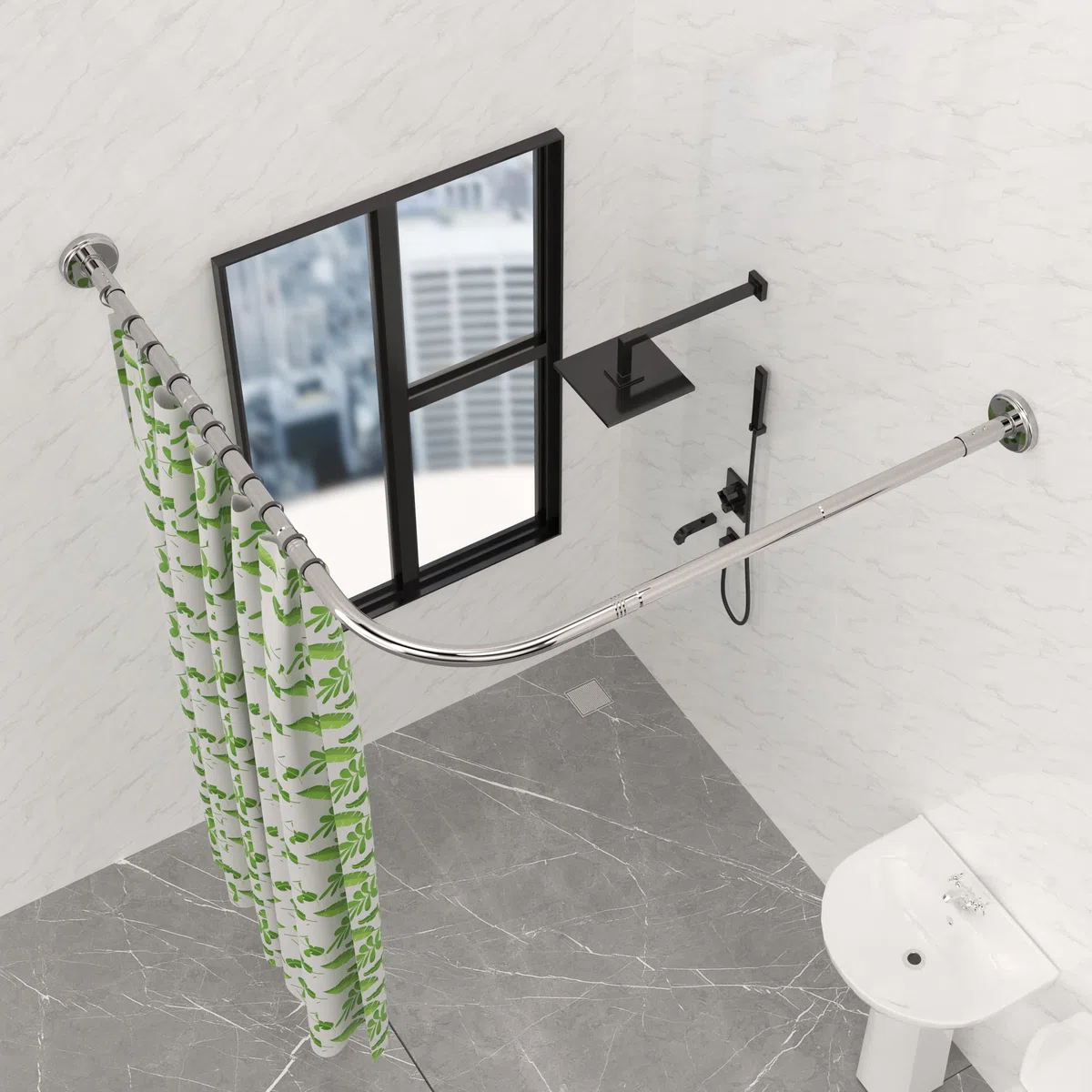 Barra de Cortina de Ducha L Forma, Barra Cortina Ducha Esquinera Ajustable de Acero Inoxidable, 75x170 cm Barra Ducha Curva con Anillos para Armario Baño Vestuario
