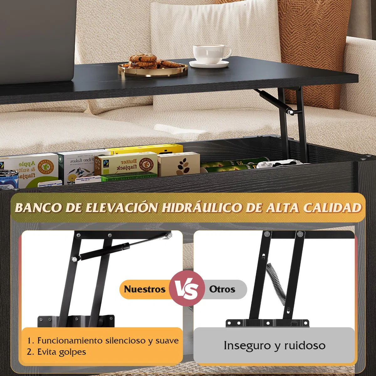 WLIVE Mesa de Sofá Centro con revistero, Mesa de Café elevable, Medidas: 100 cm (Largo) x 45/60cm (Alto) x 48 cm (Fondo) (Negro Carbón)