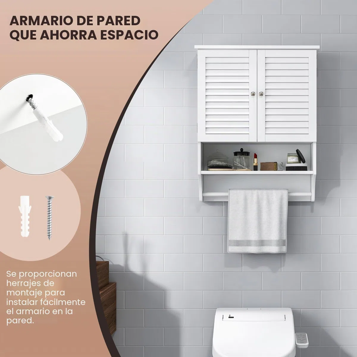 GIANTEX Armario de Pared para Baño, Armario Colgante de Madera con 2 Puertas Persianas, 3 Estantes y 1 Toallero, 60 x 22 x 75 cm, Mueble de Almacenamiento para Baño, Comedor, Entrada (Blanco)