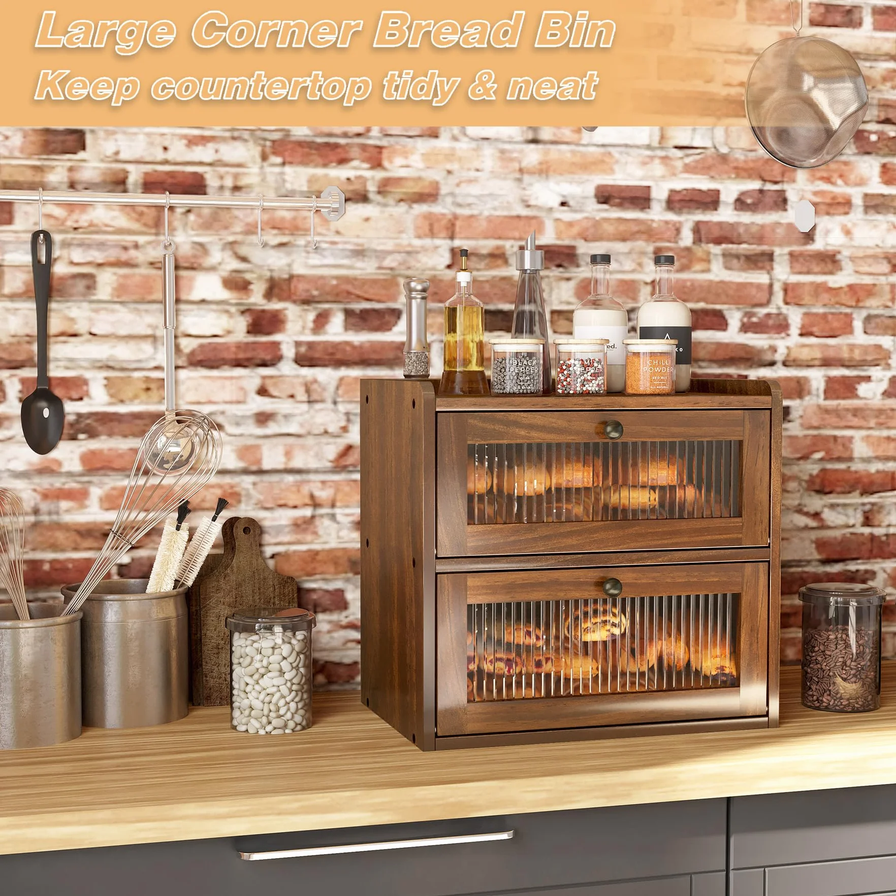 Alpeir Panera grande de doble capa para encimera de cocina, contenedor de almacenamiento de pan de esquina de madera con ventana acrílica, marrón retro