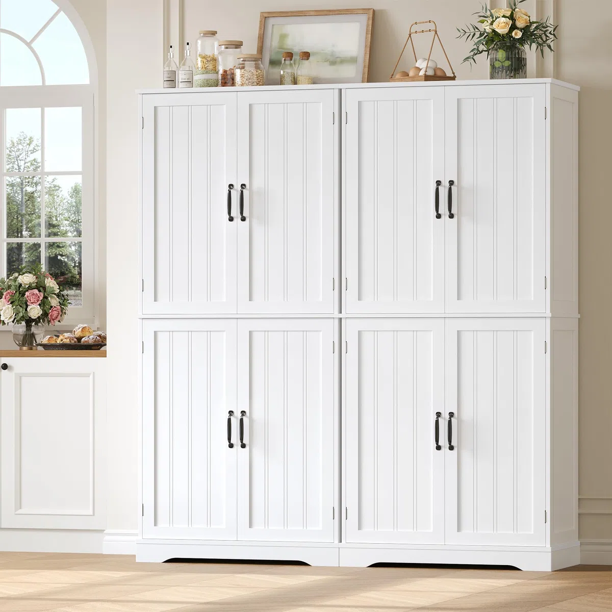 HOCSOK Armario de cocina, armario alto de 180 cm, armario buffet con 4 puertas, armario comedor para salón, cocina, 180 × 80 × 40 cm, color blanco