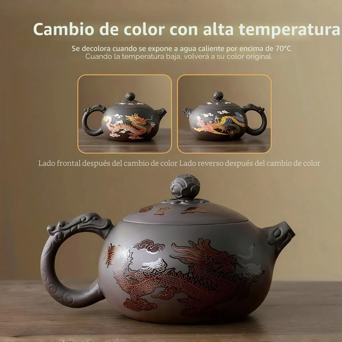 Juego de Tetera Yixing Zisha 450ML, Grande Tetera China de Arcilla con Caja de Regalo, Servicio de Té Que Cambia de Color Kung Fu con 2 Tazas, Dragón y Fénix