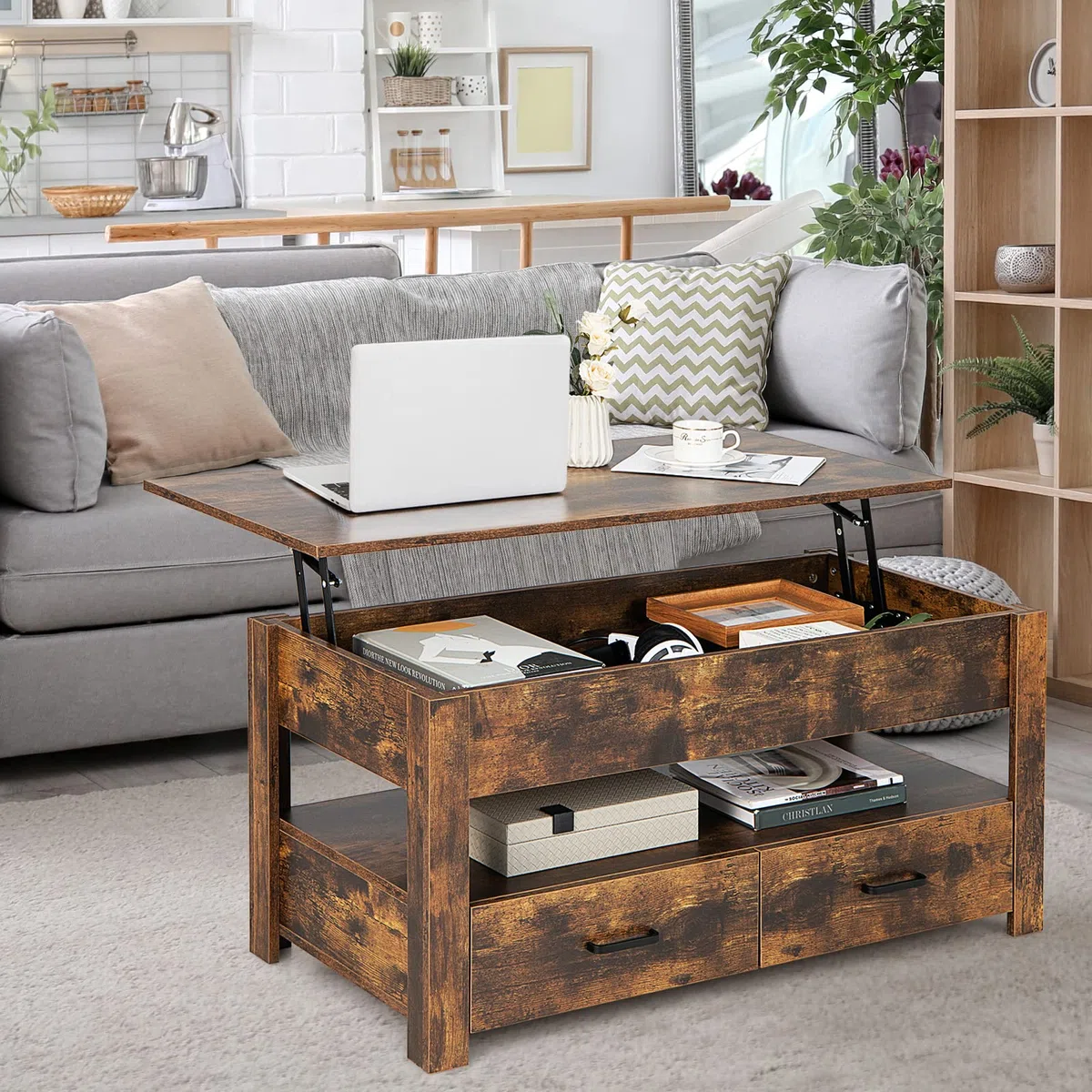 COSTWAY Mesa de Centro con Tablero Elevable, Mesa de Café Industrial con Compartimento, Estante de Almacenamiento y 2 Cajones, Mesita Mueble Salon con Sistema Neumático de Elevación del Tablero