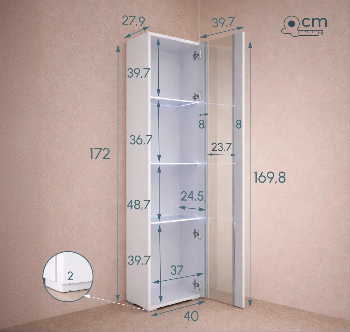 MB Muebles Bonitos Vitrina de Salón Moderna Tipo Columna con Iluminación LED Azul, Estantería Estrecha de 4 Compartimentos, Acabado Blanco Brillo, 172x40x29 cm, Modelo Nora V5