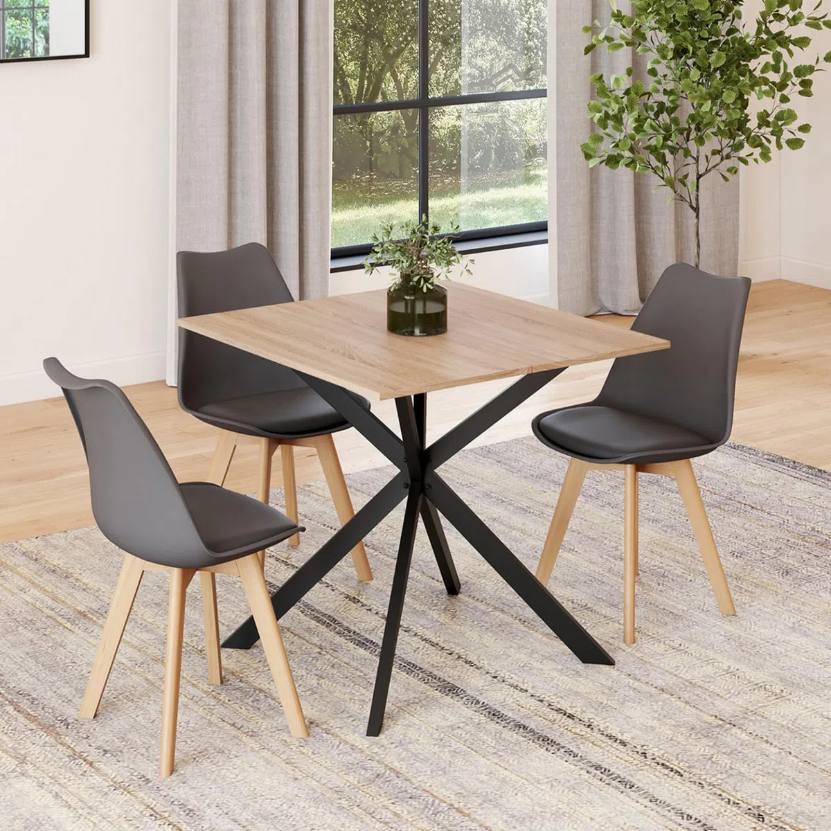 IDMarket Alix – Mesa de comedor extensible cuadrada 4-6 personas, pie araña madera y negro, 80-120 cm