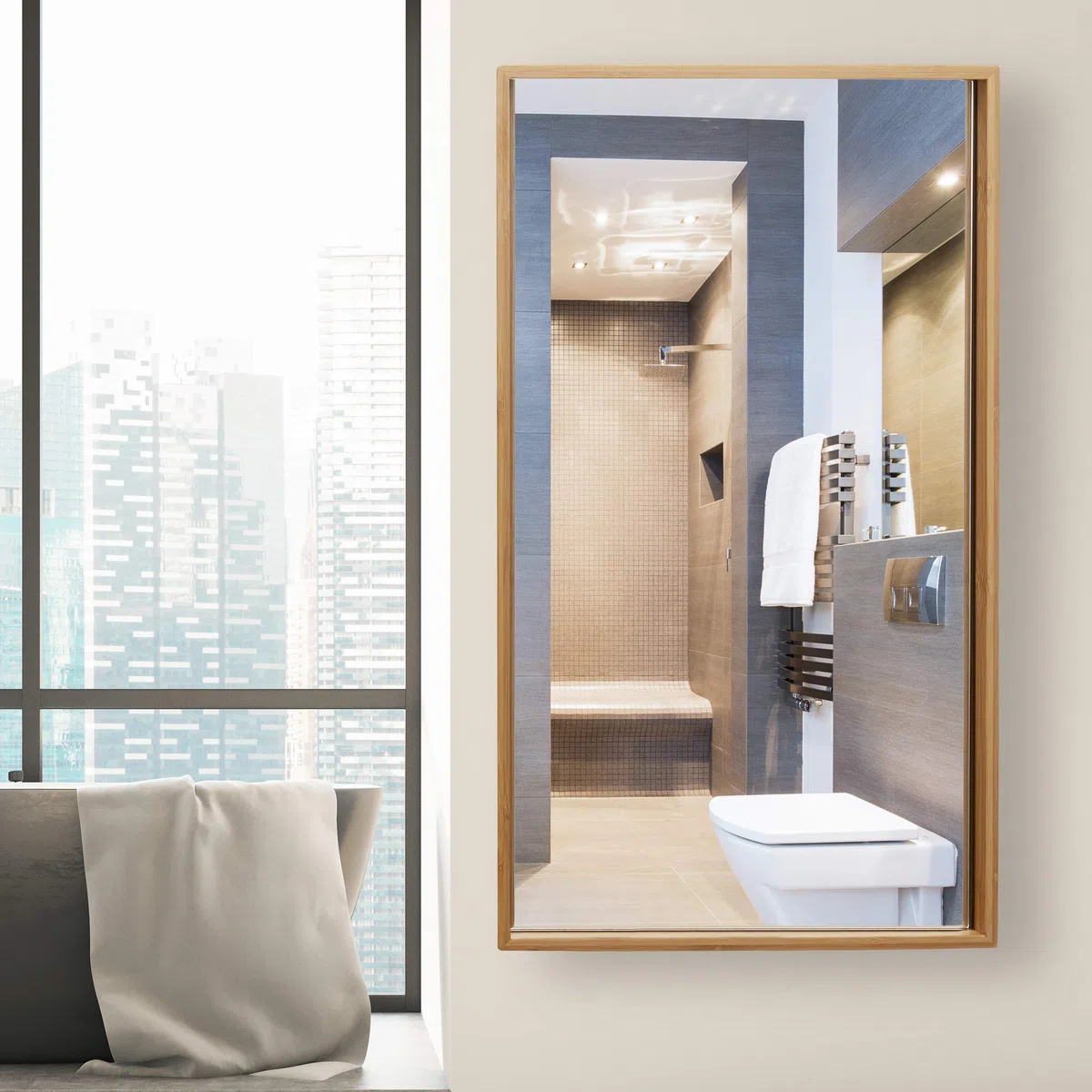Relaxdays Armario baño de bambú, Auxiliar de Pared con una Puerta, 3 Compartimentos, Espejo Grande, Sin Montaje, Natural