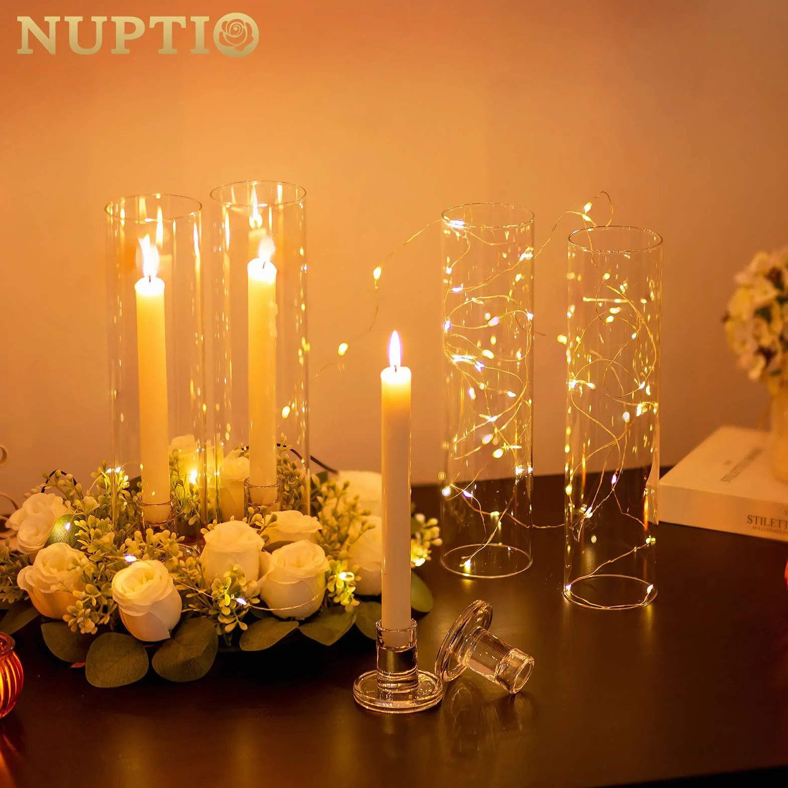 NUPTIO Huracán de Vidrio Titular de La Vela: 6 Piezas Portavelas para Velas de Candelabro, Portavelas Cilindro Alto Sin Fondo para Fiesta de Boda, Centro de Mesa, Decoración de Comedor