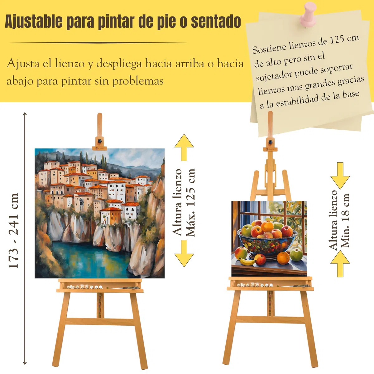 Caballete pintura profesional VERMEER Soporta lienzos grandes hasta 125 cm, Altura Ajustable desde 173-241 cm. Caballete Madera de Haya Fácil de Montar para Adultos, Artistas