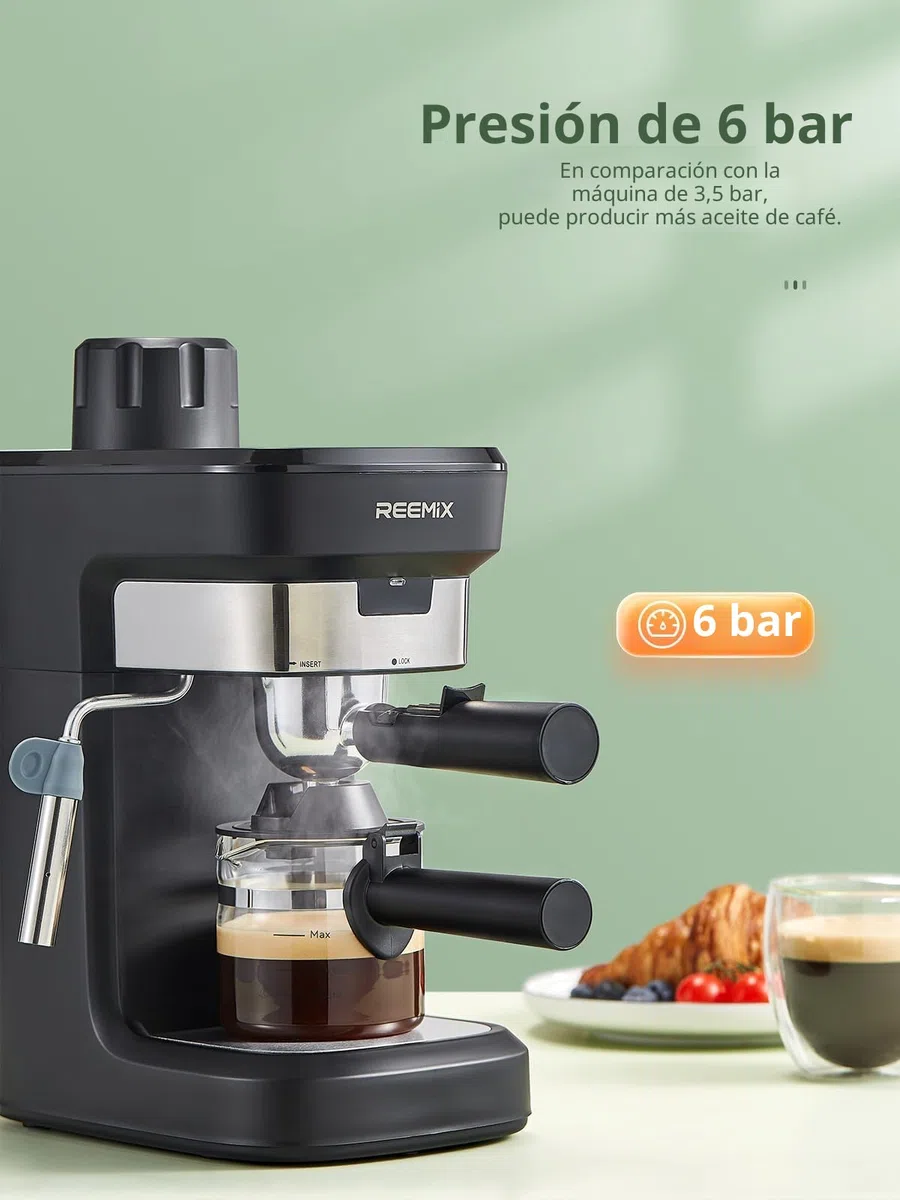 Reemix Máquina de Café Espresso Manual 6 Bar para Café Molido, Cafetera Compacta con Función Vapor y Espumador de Leche, Cappuccino Cremoso, Calientatazas, Jarra de Cristal, Negra