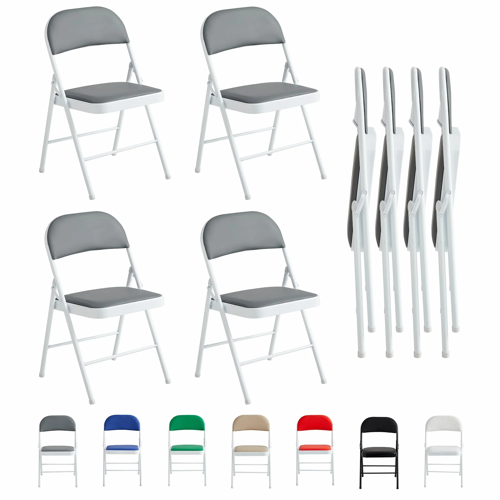 McC Direct Juego de 4 sillas plegables de piel sintética, marco de metal y asiento acolchado, fácil de plegar y almacenar para hogar, oficina, comedor y recepción (gris)