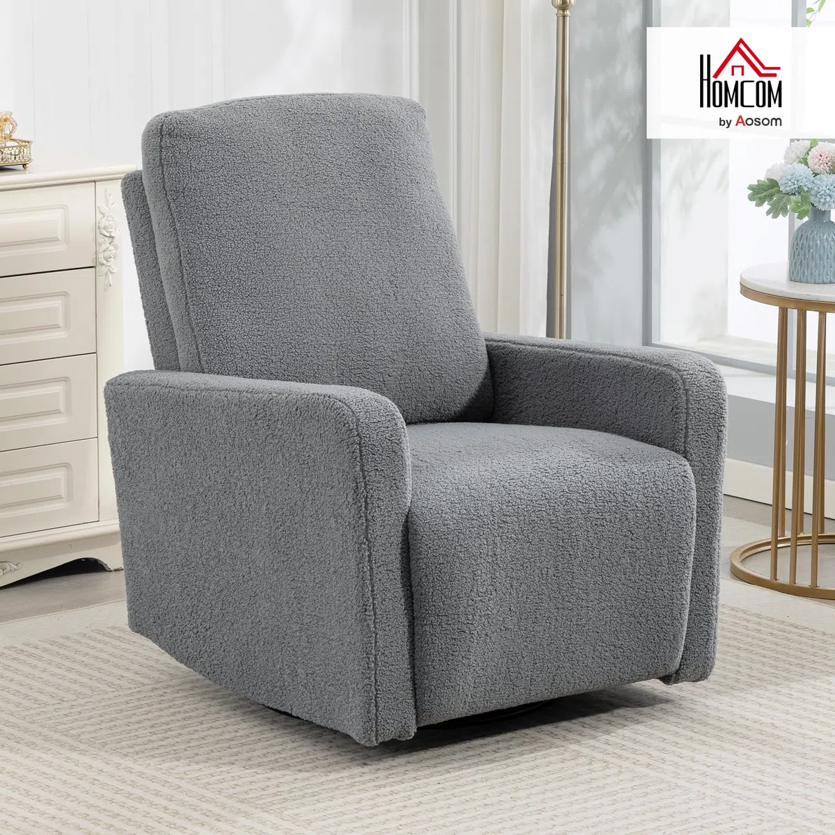 HOMCOM Sillón Relax Reclinable Manual, Sillón Relax de Borreguito con Reposabrazos, Reposapiés, Acolchado Grueso, Función de Balanceo 360°, Butaca Reclinable hasta 135º para Salón, Dormitorio, Gris
