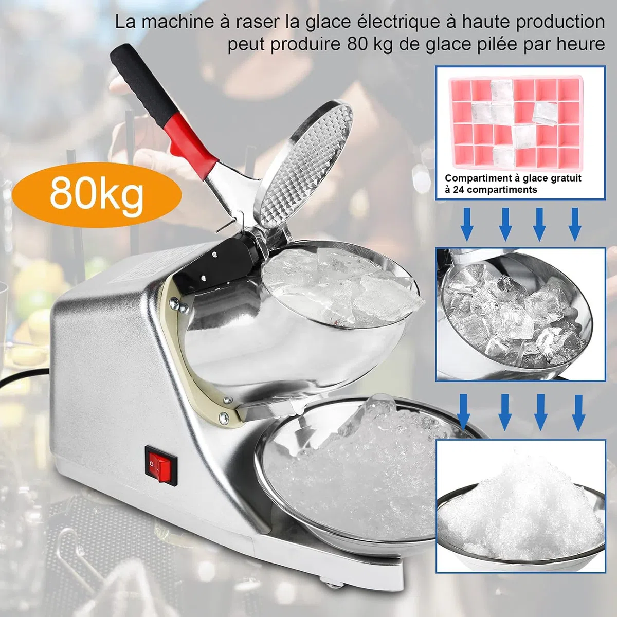 Broyeur à Glace Electrique,Machine à Glace pilée 300 W, 220 V-240 V,Snow Cone Maker Machin Volume de Glace concassée 65 kg/h,Convient à de commerce et de ménage(plata)