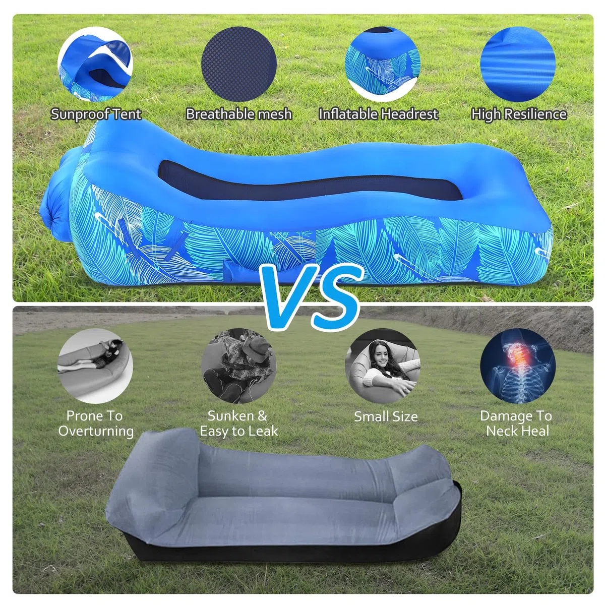 Tumbona inflable con diseño único de sombra, cama de playa inflable con almohada, sofá inflable impermeable, silla de camping, hamaca para senderismo, patio, viajes, playa, picnic (naranja)